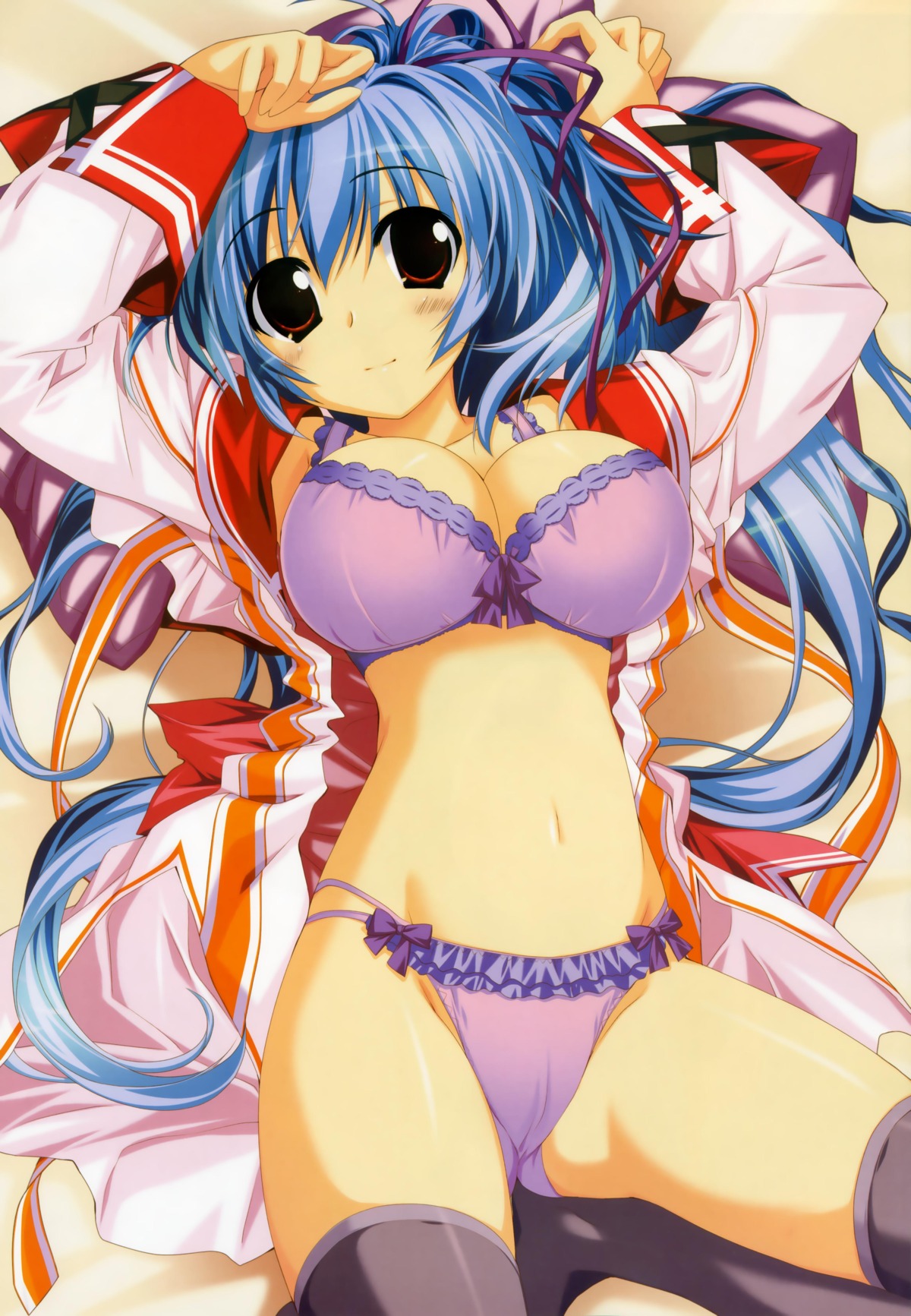arms_up bikini blue_hair bra breasts female highres jpeg_artifacts large_breasts lingerie long_hair mitsumine_minato open_clothes oshiki_hitoshi panties ponytail red_eyes rule34 suzunone_seven swimsuit thighhighs tied_hair underwear