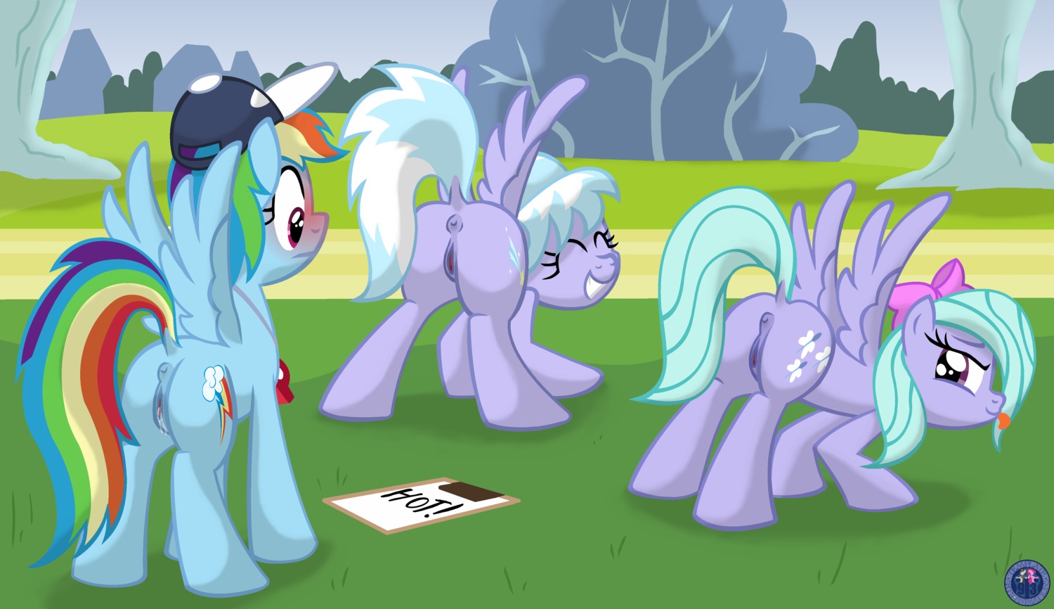 2013 absurd_res anus blue_body blue_feathers blue_fur blush bodily_fluids clothing cloud_chaser_(mlp) cutie_mark e621 equid equine feathered_wings feathers female feral flirting flitter_(mlp) friendship_is_magic fur genital_fluids genitals group hair hasbro hat headgear headwear hi_res mammal multicolored_hair multicolored_tail my_little_pony mythological_creature mythological_equine mythology outside pegasus presenting purple_body purple_eyes purple_fur rainbow_dash_(mlp) rainbow_hair rainbow_tail sibling_(lore) sister_(lore) sisters_(lore) tail take_your_pick template93 vaginal_fluids vulva wing_boner wings