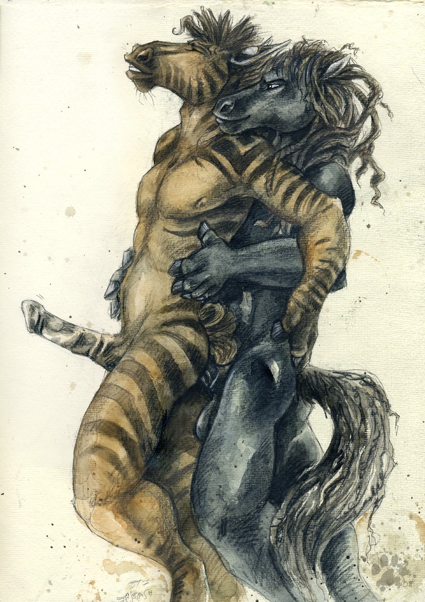 2008 anal anal_penetration animal_genitalia animal_penis anthro anthro_on_anthro balls blotch bodyguard_position butt duo e621 equid equine equine_genitalia equine_penis erection from_behind_position genitals hi_res horse hybrid male male/male male_penetrated male_penetrating male_penetrating_male mammal nipples nude penetration penis scratches_volume_2 sex simple_background standing standing_sex stripes tail the_brumby the_dog's_days_of_summer torso_grab traditional_media_(artwork) white_background zebra zebroid zorse