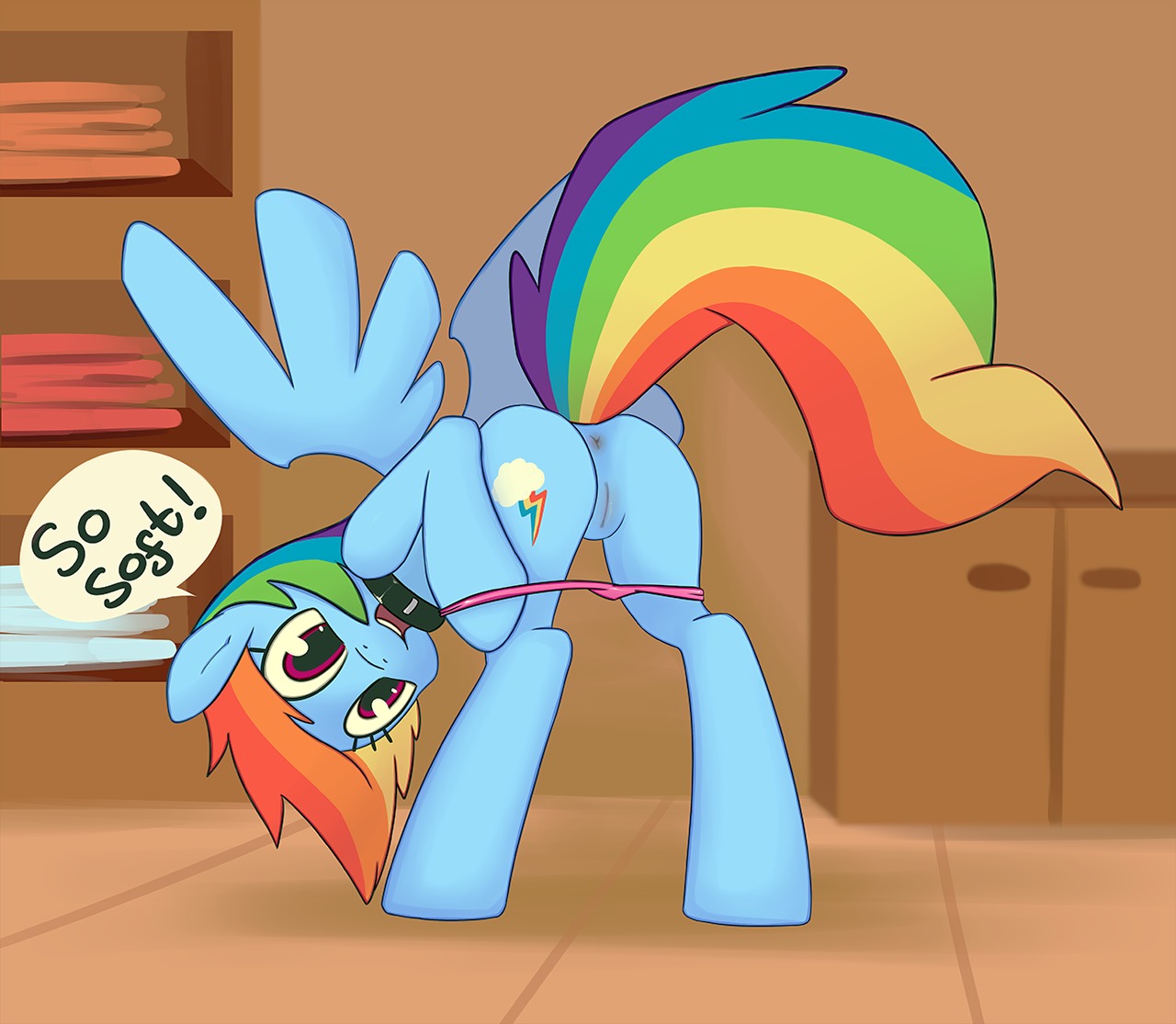 2012 anthro anus blue_body blue_feathers blue_fur butt clothing collar cutie_mark e621 english_text equid equine feathered_wings feathers female friendship_is_magic fur genitals grumblepluck hair hasbro looking_at_viewer mammal multicolored_hair multicolored_tail my_little_pony mythological_creature mythological_equine mythology open_mouth panties pegasus purple_eyes rainbow_dash_(mlp) rainbow_hair rainbow_tail solo tail text tongue underwear vulva wing_boner wings yelling