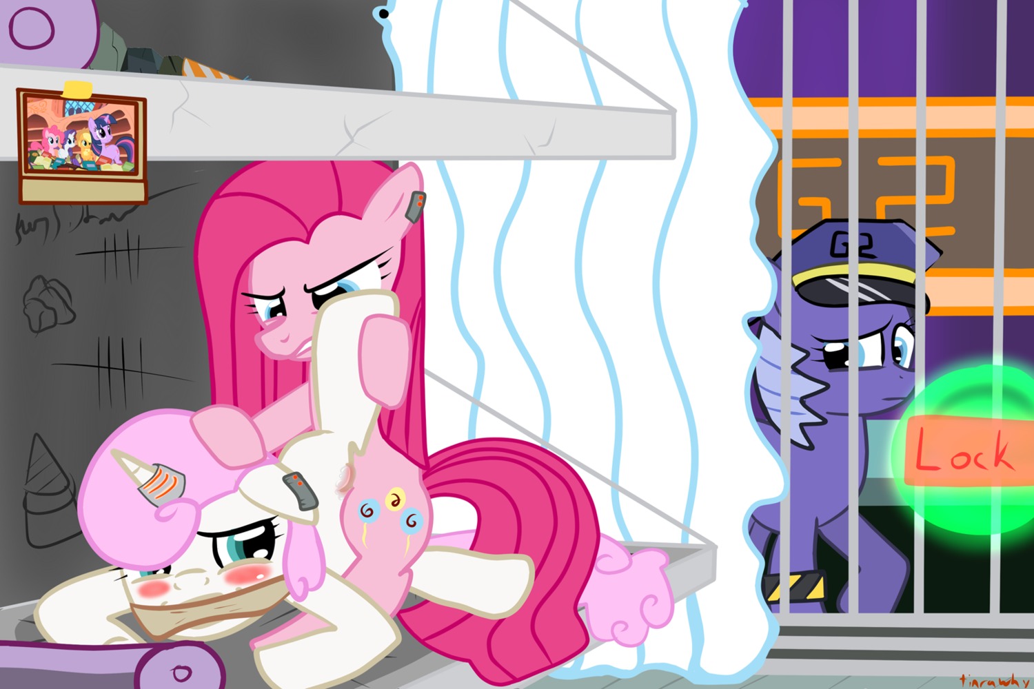 2012 balloon bed blue_eyes blue_hair blush body_writing cloth_gag clothing cutie_mark e621 ear_piercing earth_pony english_text equid equine female female/female feral feral_on_feral forced friendship_is_magic furniture gag gagged genitals group hair hasbro hat headgear headwear hi_res horn horse inflatable intraspecies leg_grab magic_inhibitor mammal my_little_pony mythological_creature mythological_equine mythology number number_on_balloon number_on_body on_bed piercing pink_hair pinkamena_(mlp) pinkie_pie_(mlp) police pony prison quadruped raised_leg rape sex sex_toy spread_legs spreading tail tally_marks text tiarawhy unicorn vulva western_tally_marks