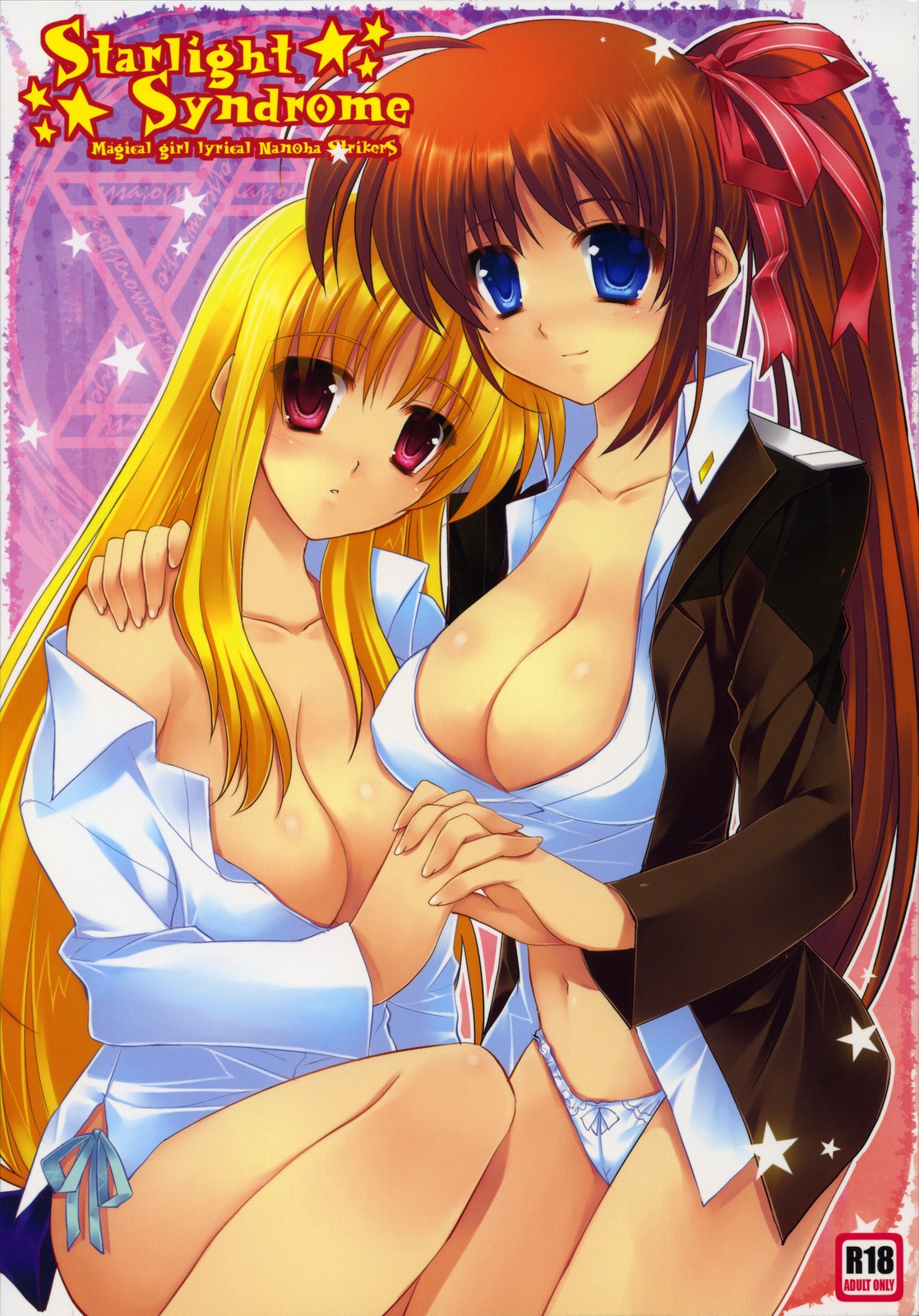 arestica ariko_yohichi breasts cleavage dress_shirt fate_testarossa female mahou_shoujo_lyrical_nanoha mahou_shoujo_lyrical_nanoha_strikers no_bra open_clothes open_shirt panties rule34 shirt string_panties takamachi_nanoha