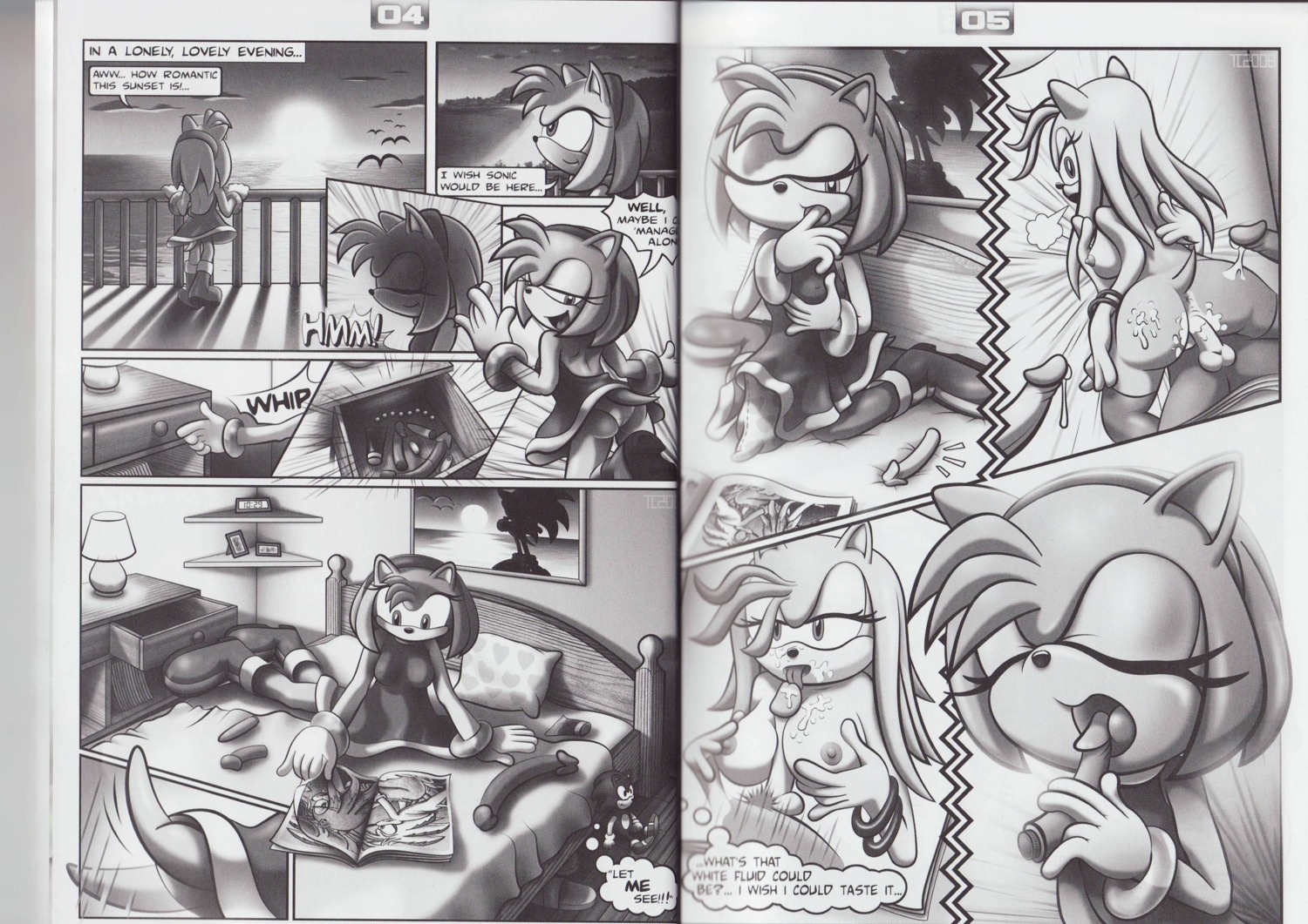absurd_res amy_rose amy_untold anthro bed bedroom black_and_white bodily_fluids breasts clothed clothing comic cum dialogue dildo dildo_lick drawer e621 english_text erection eulipotyphlan fantasizing female fully_clothed furniture genital_fluids genitals group hedgehog hi_res humanoid_genitalia humanoid_penis lamp licking magazine male mammal monochrome mostly_nude nipples oral penetration penile penis penis_lick pornography raised_tail sega sex sex_toy solo_focus sonic_the_hedgehog sonic_the_hedgehog_(series) sunset tail tc text thin_calves thin_legs thin_thighs tongue tongue_out vaginal
