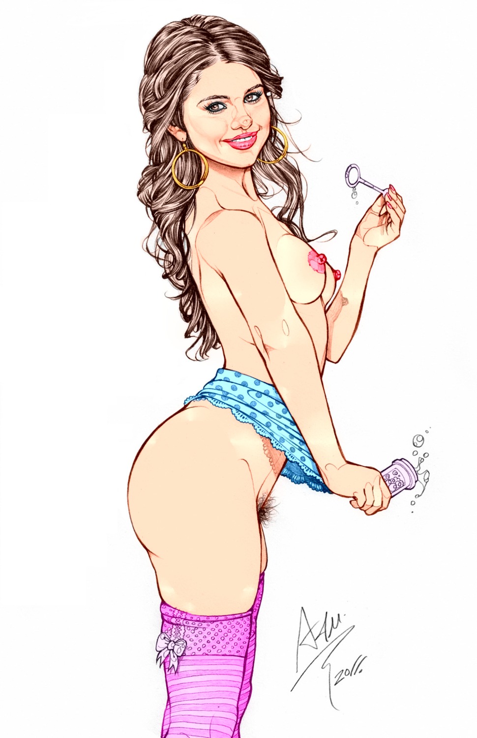 2011 actress armando_huerta breasts celebrity color female female_only holding_object human looking_aside musician pale_skin pinup real_person rule34 selena_gomez side_view smile solo standing tagme