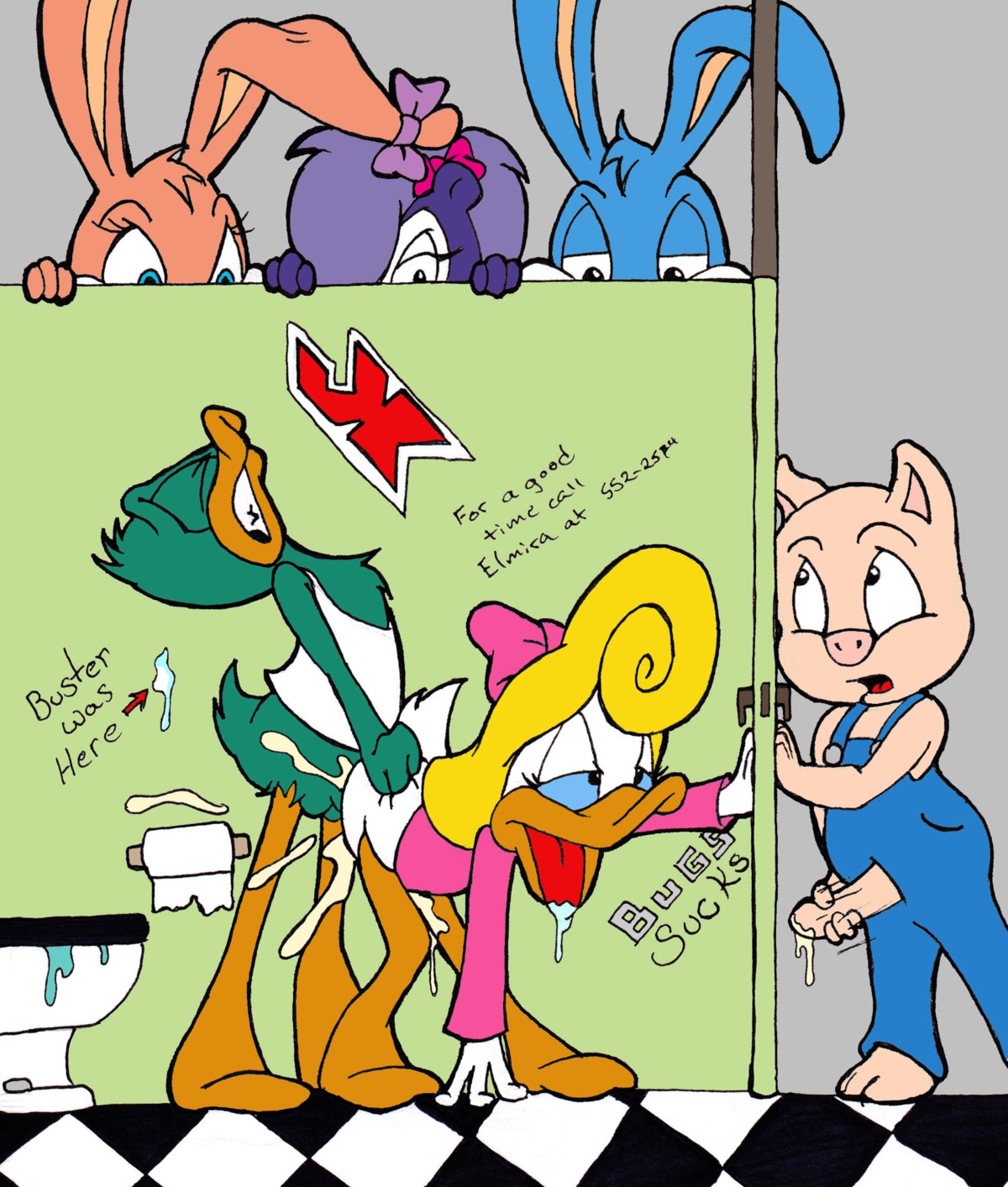 accessory ahegao anatid anseriform anthro audience avian babs_bunny bathroom beak being_watched bird bodily_fluids bow_(feature) bow_accessory bow_ribbon buster_bunny clothing cum domestic_pig duck e621 english_text erection female fifi_la_fume from_behind_position genital_fluids genitals group hair_accessory hair_bow hair_ribbon hamton_j._pig hi_res jk lagomorph leporid looking_at_another looking_pleasured loon male male/female mammal masturbation mephitid penile penile_masturbation penis plucky_duck public_restroom rabbit restroom_stall ribbons sex shirley_the_loon shirt skunk striped_skunk suid suine sus_(pig) tank_top text tiny_toon_adventures topwear warner_brothers young young_anthro