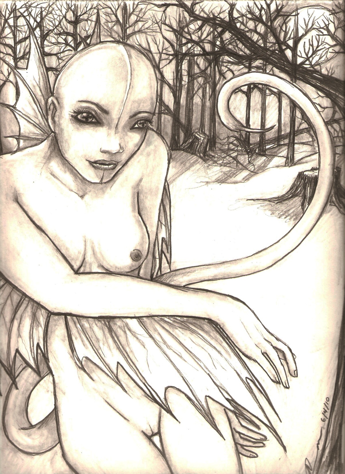 2010 areola breasts dren e621 female fin forest genitals hi_res humanoid hybrid mmxvampire monochrome nipples not_furry nude outside plant sepia side_boob solo splice stinger tree vulva wings winter wood