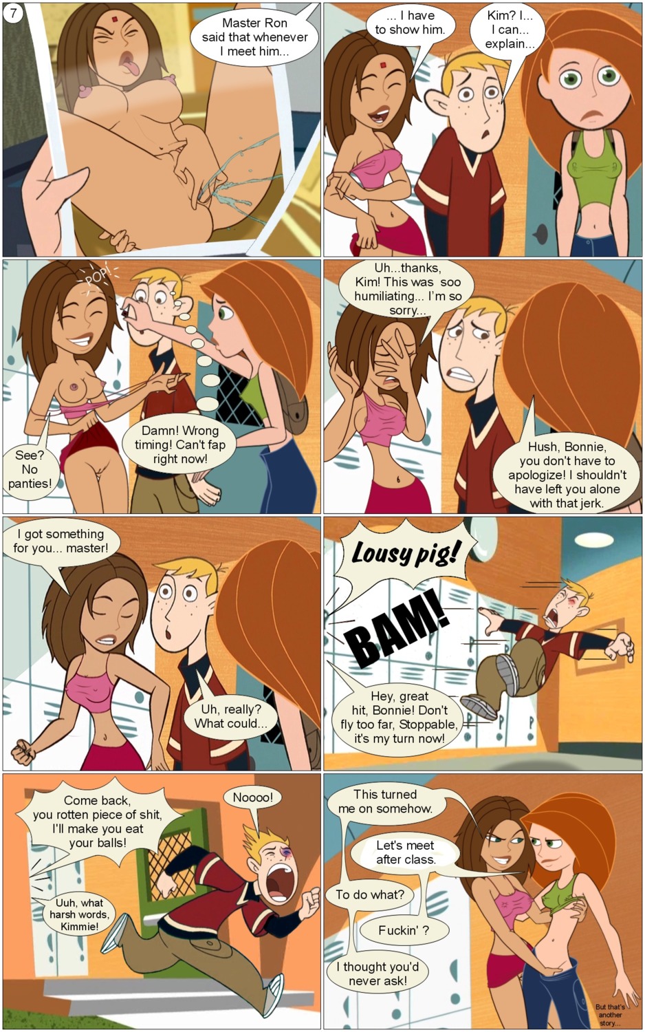 1boy 2girls blonde_hair bonnie_rockwaller brown_hair comic disney disney_channel english_text female gagala ginger green_eyes human innie_pussy kim_possible kimberly_ann_possible light-skinned_female light-skinned_male light_skin male miniskirt multiple_females multiple_girls nipples page_7 photography_class pussy ron_stoppable rule34 straight_hair tan-skinned_female teal_eyes text white_female white_male