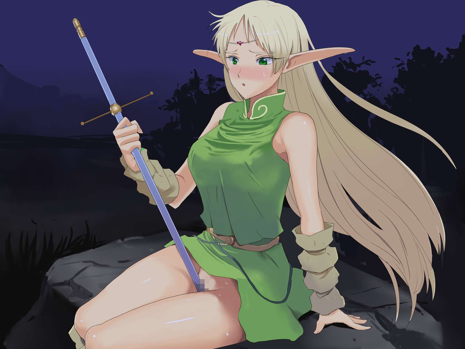 1girls 2007 blonde_hair blush breasts censored crotch_rub curvaceous deedlit dress elf ericorpo female green_eyes hair highres humanoid jewelry large_breasts light-skinned_female light_skin long_hair masturbation night outdoors pale-skinned_female pale_skin pointy_ears record_of_lodoss_war rule34 very_long_hair wide_hips