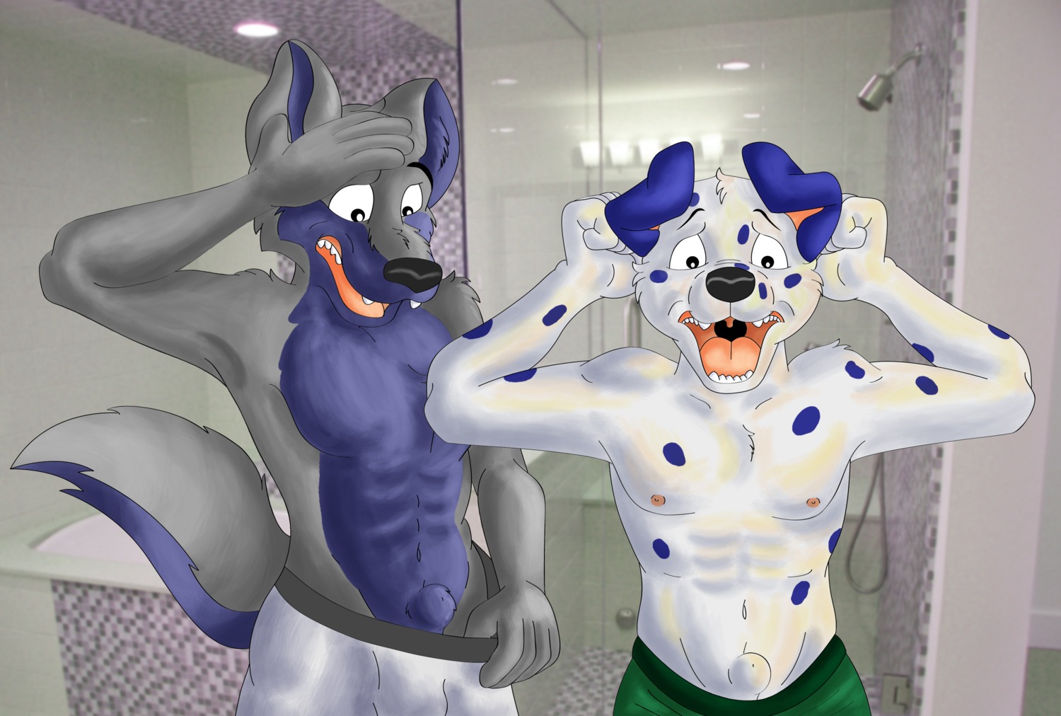 2012 absurd_res animal_genitalia anthro bathroom boxer_briefs canid canine canis clothed clothing dalmatian domestic_dog duo dyed_fur e621 fully_sheathed genitals green_clothing green_underwear hi_res male mammal nipples open_mouth sheath shocked streetpup surprised tail topless underwear white_clothing white_underwear wolf