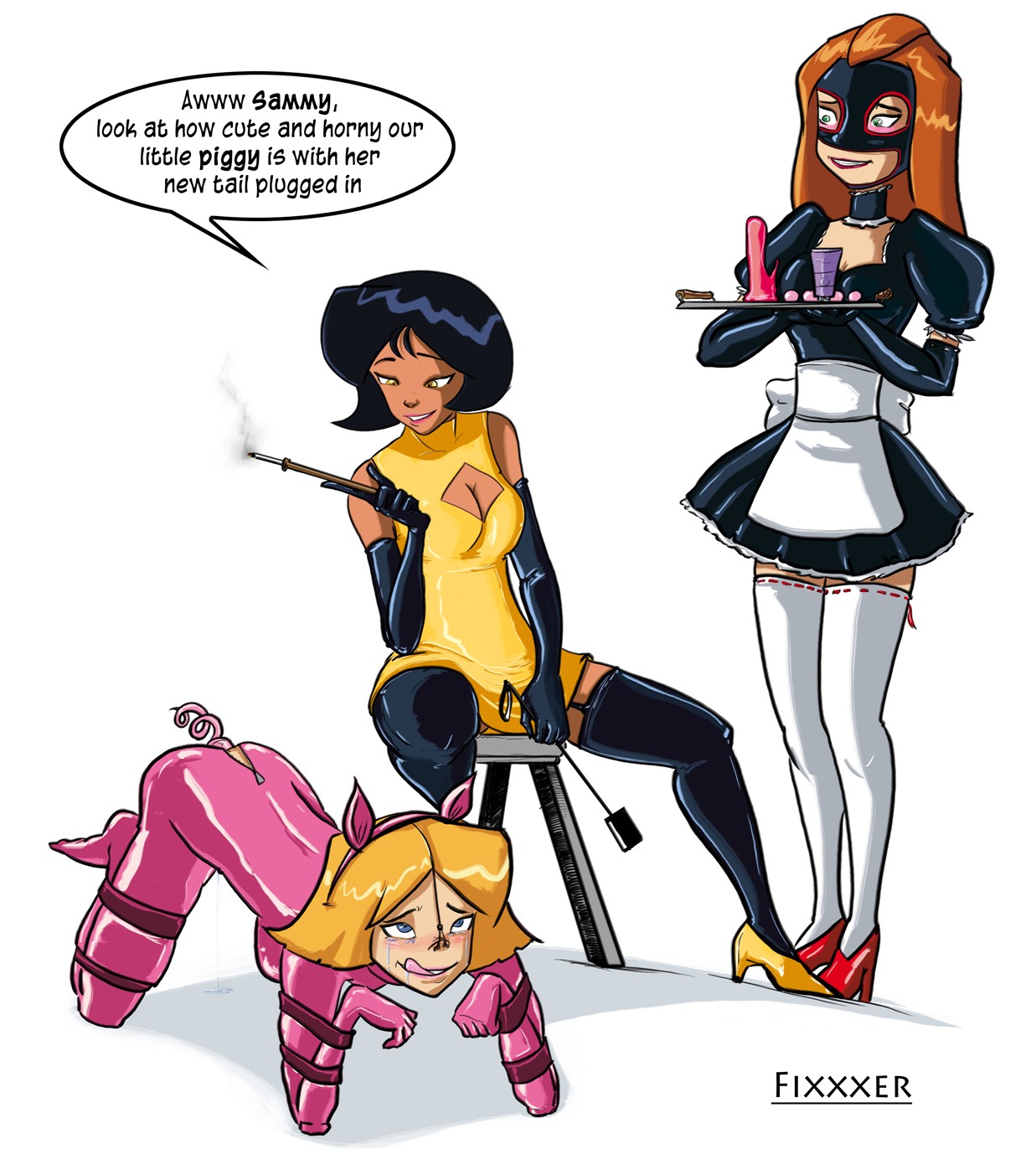 3girls alex_(totally_spies) all_fours bitchsuit blush bondage bound clothing clover_(totally_spies) dark-skinned_female dark_skin dildo dominatrix female female_only femdom femsub fixxxer gimp_suit human latex lezdom multiple_females multiple_girls nose_hook piddlefours rule34 sam_(totally_spies) sex_toy tears totally_spies whip yuri