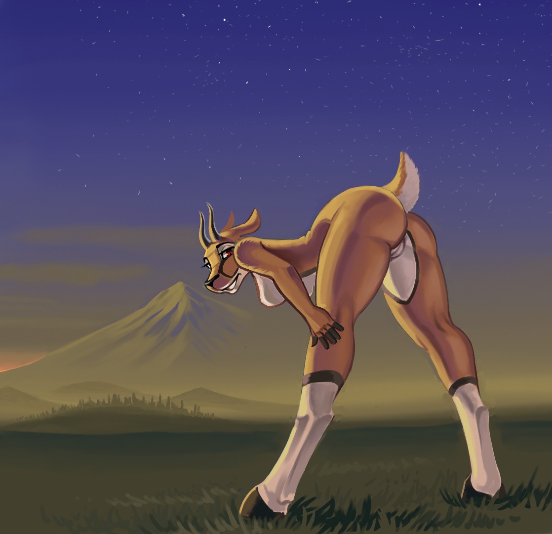 antelope anthro bent_over black_nose bovid breasts butt e621 female field fur gazelle genitals grass hill hooves horn landscape looking_at_viewer looking_back mammal mountain night nude outside plant red_eyes siyah smile solo star sunset unguligrade vulva