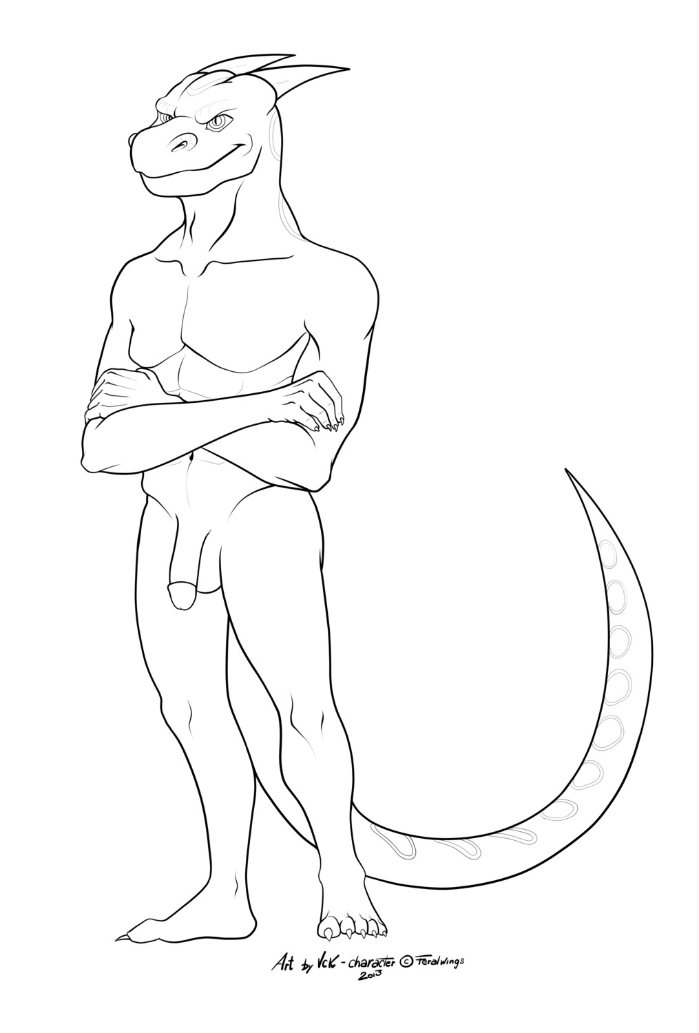 2013 5_fingers 5_toes abs absurd_res anthro balls biped black_and_white claws crossed_arms e621 feet fingers flaccid genitals hi_res horn humanoid_genitalia humanoid_penis line_art male monochrome navel nude penis plantigrade pupils simple_background slit_pupils smile solo standing toes vck