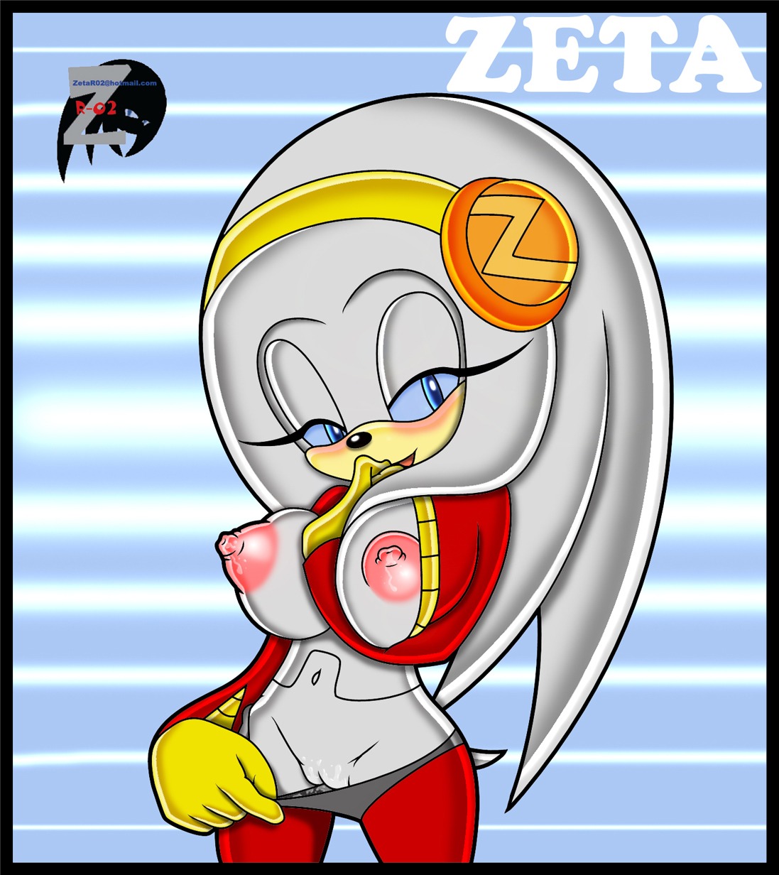 android anthro blue_eyes blue_sclera blush bodily_fluids breasts clothed clothing e621 echidna exposing_pussy fan_character female genital_fluids genitals hi_res lactating looking_at_viewer machine mammal monotreme navel nipples on_model robot sega solo sonic_the_hedgehog_(series) style_emulation vaginal_fluids vulva zeta_r-02 zeta_the_echidna