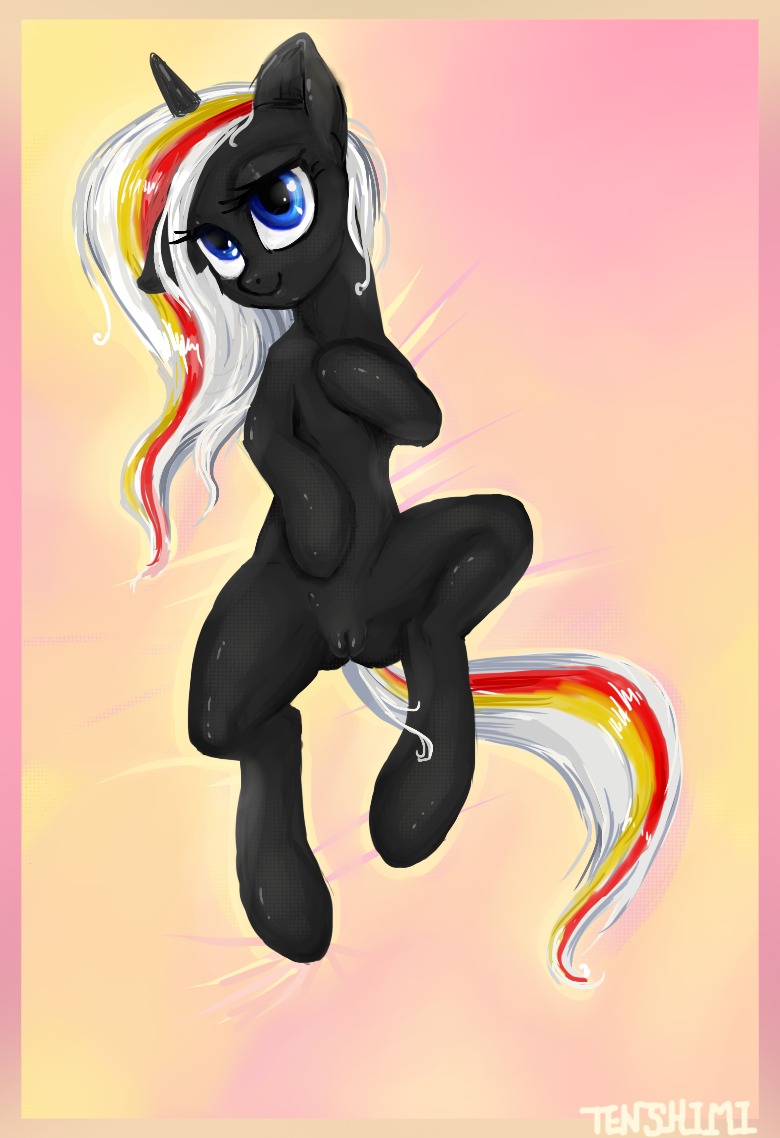 2013 alternate_universe black_body black_fur blue_eyes e621 equid equine fallout_equestria fan_character female fur genitals hair hasbro horn humanoid_genitalia humanoid_vulva long_hair looking_at_viewer lying mammal multicolored_hair my_little_pony mythological_creature mythological_equine mythology on_back presenting smile solo spread_legs spreading tenshimi unicorn velvet_remedy vulva