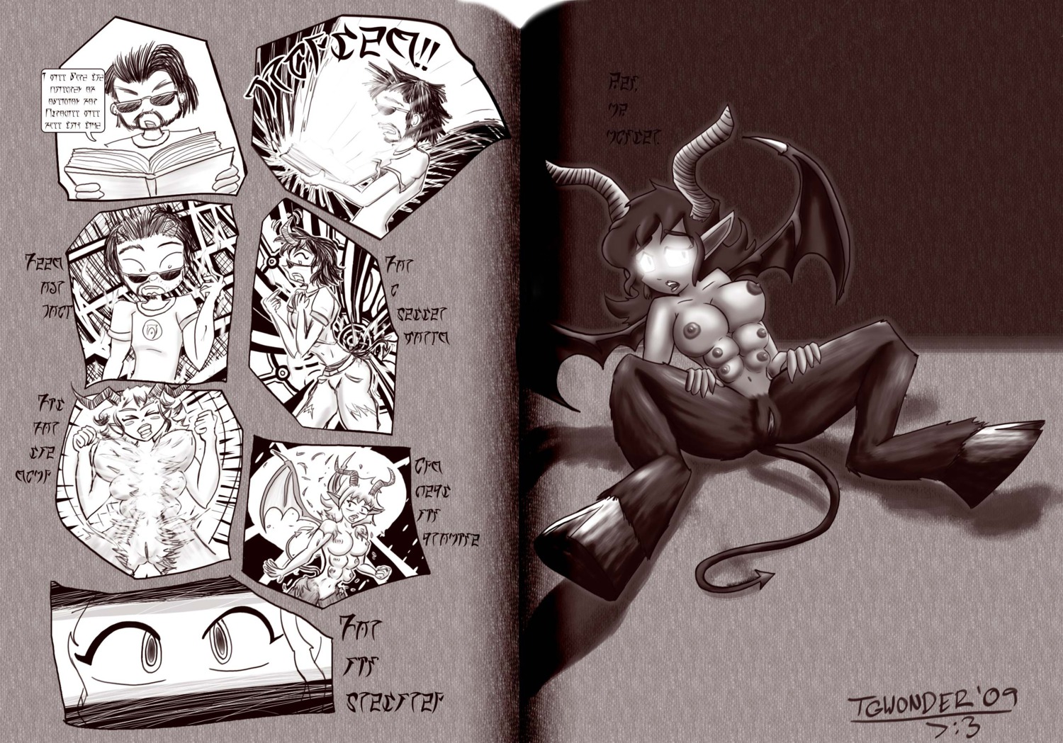 2009 6_breasts >:3 bethesda_game_studios breasts clothing demon e621 eyewear female gender_transformation genitals hair hi_res hooves horn human long_hair looking_at_viewer magic male mammal membrane_(anatomy) membranous_wings microsoft monochrome mtf_transformation multi_breast navel nipples nude oblivion solo spade_tail spread_legs spreading sunglasses supernumerary_breasts tail teeth tgwonder the_elder_scrolls transformation vulva wings