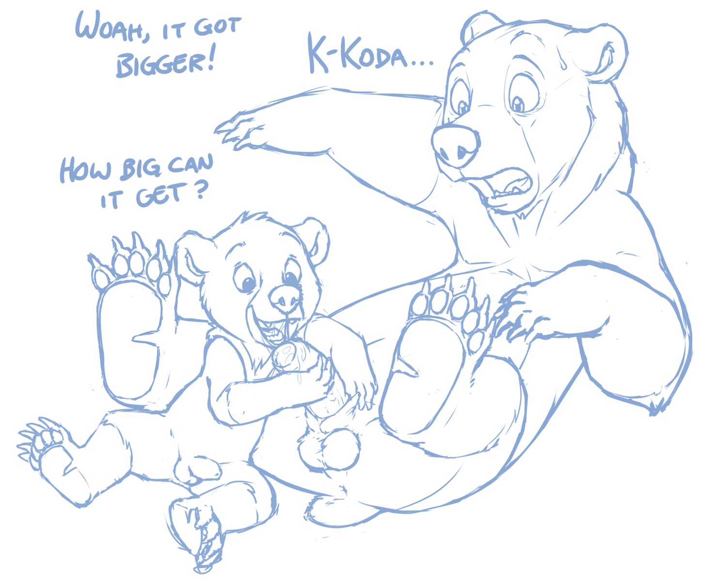 age_difference animal_genitalia anus balls bear blue_and_white brother_bear brown_bear cobaltsynapse disney duo e621 english_text erection feral feral_on_feral foreskin genitals grizzly_bear hi_res humanoid_genitalia humanoid_penis hybrid_genitalia hybrid_penis kenai_(brother_bear) koda_(brother_bear) male male/male mammal monochrome older_male partially_retracted_foreskin penis sheath sheathed_humanoid_penis simple_background size_difference text unavailable_at_source uncut_with_sheath ursine young young_feral young_male younger_male