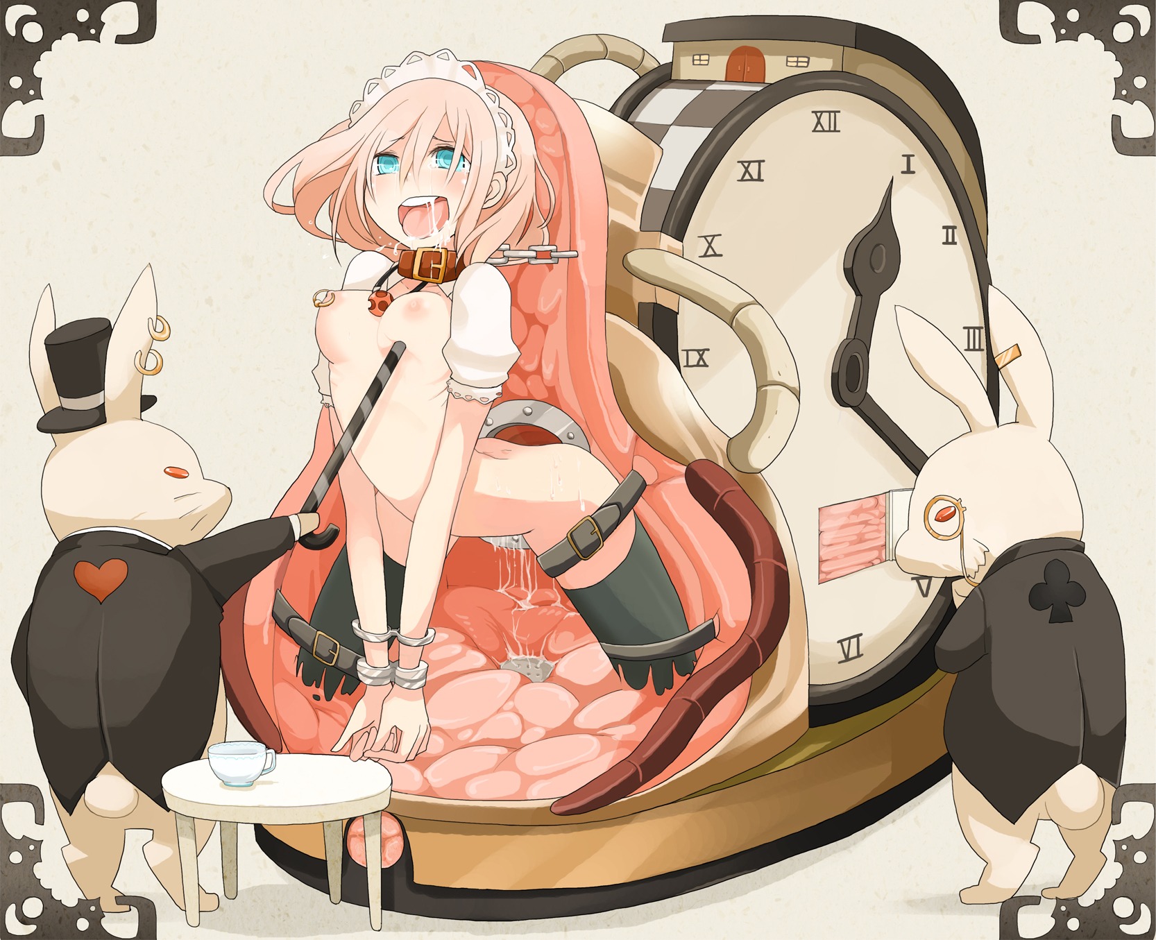 2d ahegao all_roads_lead_to_rome anthro aqua_eyes ball_gag belt bondage bound bound_wrists breasts bunny clock collar color cuffs drool drooling female femsub feral furry gag hat high_resolution human human_female kneeling long_hair machine maid_headdress male march_hare nipple_piercing nipples open_mouth original piercing pink_hair pussy pussy_juice rabbit saliva sex_machine size_difference small_breasts small_dom_big_sub takagi_(tansuke) tansuke thighhighs top_hat ungagged