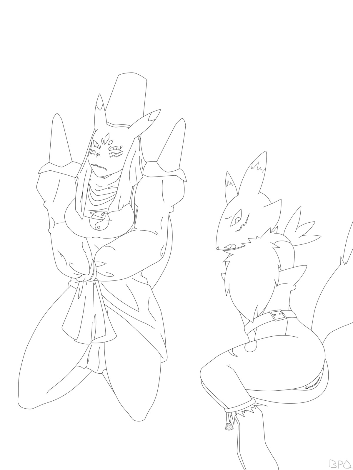 anthro ass bound bpq00x clothes digimon female female_only fur furry furry_ass furry_tail monochrome multiple_females nude open_mouth renamon rule34 simple_background tail taomon white_background