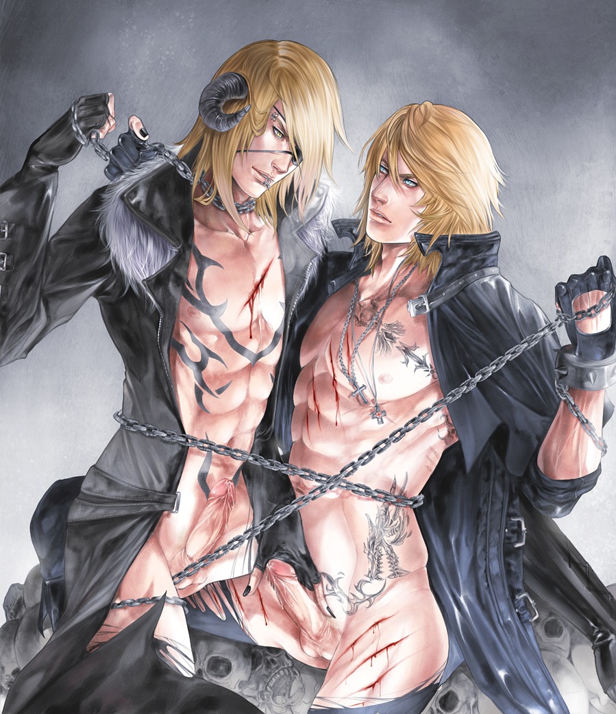 2boys blonde_hair blue_eyes chains demon demon_boy eye_patch fingerless_gloves horns injury male monster_boy multiple_boys multiple_males muscles penis piercing rule34 tattoo uncensored yaoi yellow_eyes