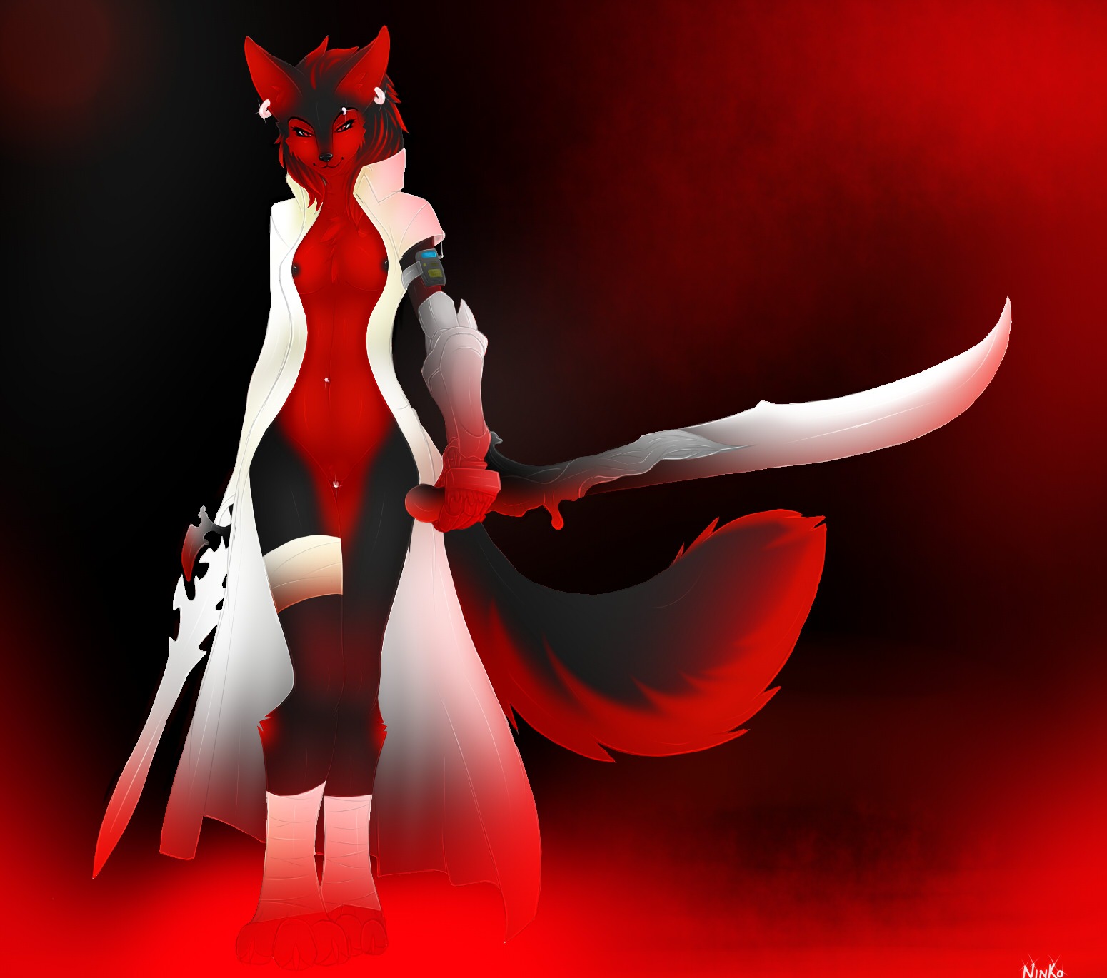 2012 anthro bandage biped black_body black_fur black_nipples breasts canid canine canis clitoris clitoris_piercing clothing coat digital_media_(artwork) domestic_dog e621 ear_piercing female female_anthro fur genital_piercing genitals hi_res holding_melee_weapon holding_object holding_sword holding_weapon husky looking_at_viewer mammal melee_weapon music_player nipples nnecgrau nordic_sled_dog nude piercing pose red_body red_eyes red_fur red_theme smile solo spitz standing sword tail topwear vulva vulva_piercing weapon wolf zoe_(nnecgrau)