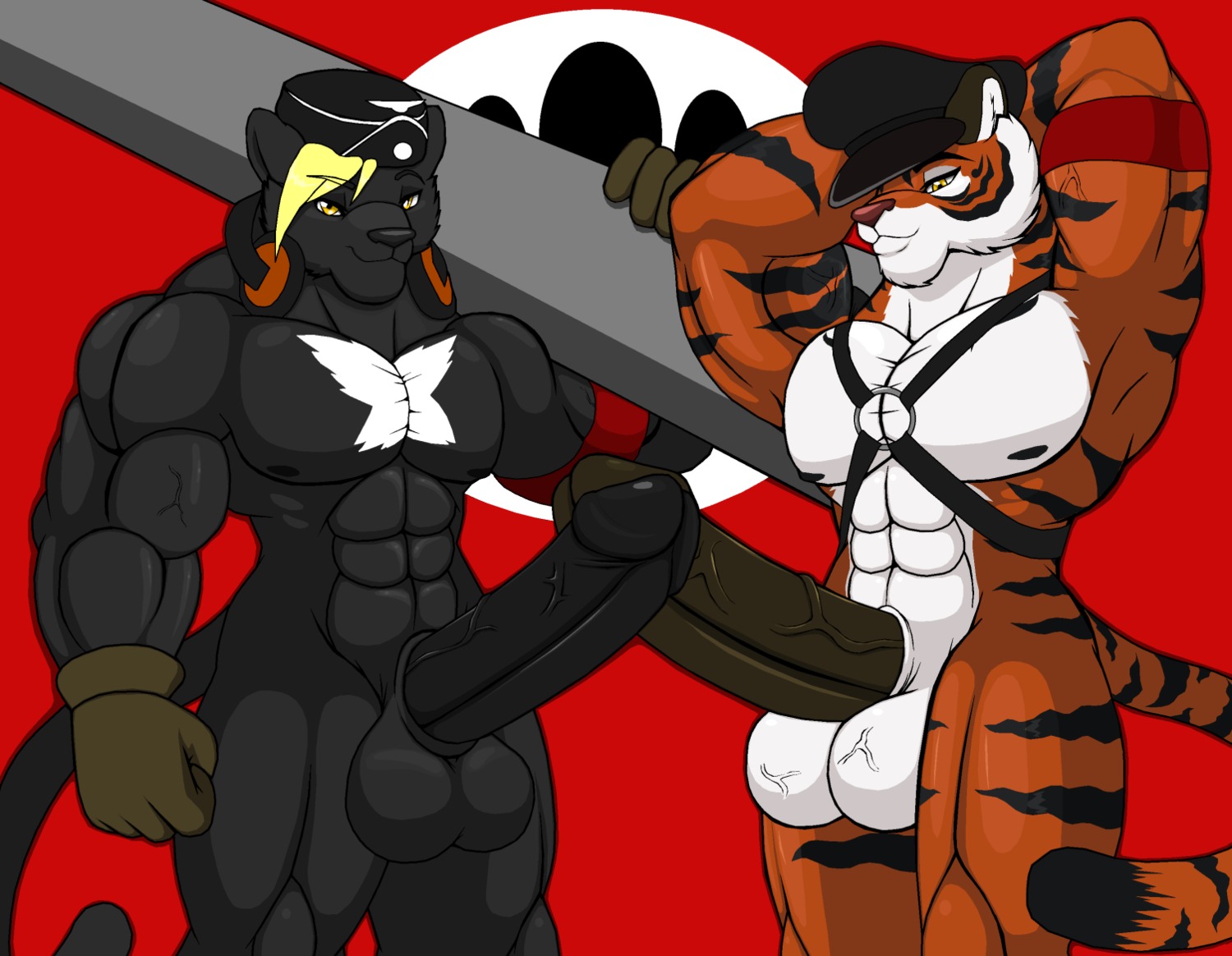 2013 abs abstract_background animal_genitalia anthro armband athletic balls biceps big_balls big_penis black_body black_fur black_nose black_penis black_stripes blonde_hair clothing droll3 duo e621 electronics erection felid flexing frottage fur genitals german germany gloves grin hair hands_behind_head handwear hat headgear headphones headwear huge_penis hyper hyper_genitalia hyper_penis italian italy looking_at_viewer male male/male mammal manly markings military muscular nipples nude orange_body orange_fur pantherine pecs penile penis penises_touching pink_nose pose red_background sex sheath simple_background smile standing stripes tail thick_penis tiger vein white_body white_fur world_war_2 yellow_eyes