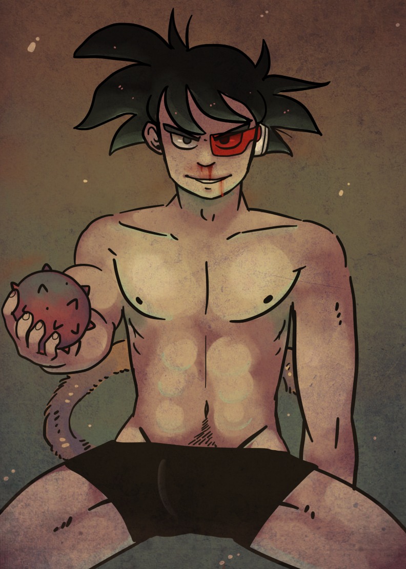 black_eyes black_hair blood brown_background clenched_teeth color dragon_ball dragon_ball_z male male_only nosebleed open_eyes partially_clothed red-tinted_eyewear rule34 scouter short_hair shorts simple_background sitting smile solo tail thighs tinted_eyewear topless turles