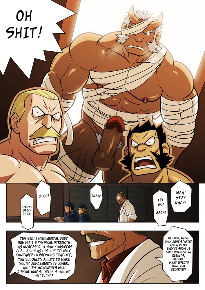 abs balls barazoku blonde_hair bovid bovine cattle censored chimera clothing comic darius_(fullmetal_alchemist) dialogue e621 english_text erection facial_hair fullmetal_alchemist genitals group hair heinkel_(fullmetal_alchemist) horn human humanoid_genitalia humanoid_penis hybrid laboratory male male/male mammal multiple_scenes muscular mustache pecs penis profanity roa_(full_metal_alchemist) text translated uniform zelo_lee