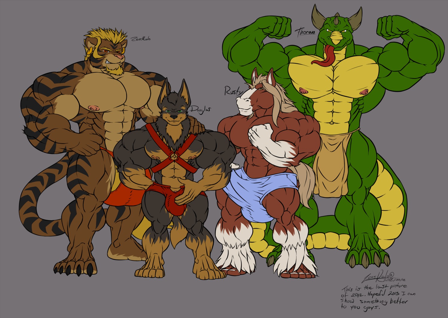 2012 abs anthro barefoot barely_visible_genitalia barely_visible_penis biceps big_bulge big_muscles black_nose blonde_hair bottomwear brown_body brown_eyes bulge canid canine canis claws clothed clothing countershading detailed_bulge dialogue domestic_dog douglas_(zeusralo) dragon e621 ear_piercing english_text equid equine erection erection_under_clothing fangs feet felid flexing front_view fur genital_outline genitals green_body green_eyes grey_background grey_body grey_fur grin group hair hand_on_shoulder hi_res horse huge_bulge huge_muscles hyper hyper_muscles loincloth looking_at_viewer male mammal muscular muscular_male mythological_creature mythological_scalie mythology nipples orange_eyes pantherine penis penis_outline piercing pink_nose pose raised_arm red_eyes rusty_(zeusralo) scalie signature simple_background skimpy smile standing stripes tail teeth tenting text thoran tiger topless troran yellow_eyes zeusralo zeusralo_(character)