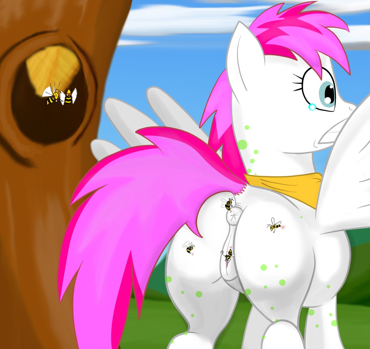 2013 anus arthropod bee bee_sting bsting butt cloud e621 equid equine fan_character feathered_wings feathers female feral fur genitals grey_eyes group hair hasbro hi_res hymenopteran insect laugh mammal multicolored_hair my_little_pony mythological_creature mythological_equine mythology nude outside pegasus pink_hair plant quadruped reddened_butt sky solo_focus sting tail tree two_tone_hair vulva white_body white_fur wings