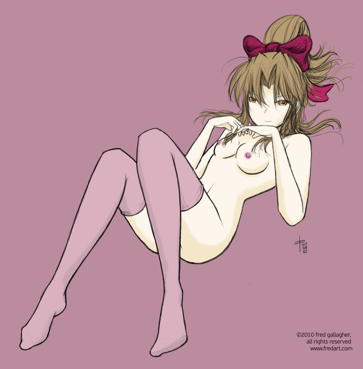 brown_eyes brown_hair female hair_between_eyes hair_bow long_hair lying_on_back megatokyo nanasawa_kimiko nude nude_female rule34 seductive seductive_eyes seductive_look seductive_smile stockings tagme webcomic