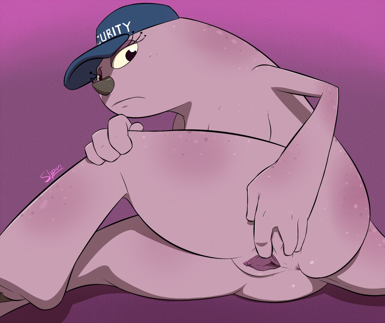 2014 anus barefoot butt clothing disney e621 feet female genitals hat hat_only headgear headgear_only headwear headwear_only looking_at_viewer lying monster monsters_inc monsters_university mostly_nude not_furry on_side pixar presenting presenting_hindquarters presenting_vulva security security_guard slypon solo spread_vulva spreading vulva