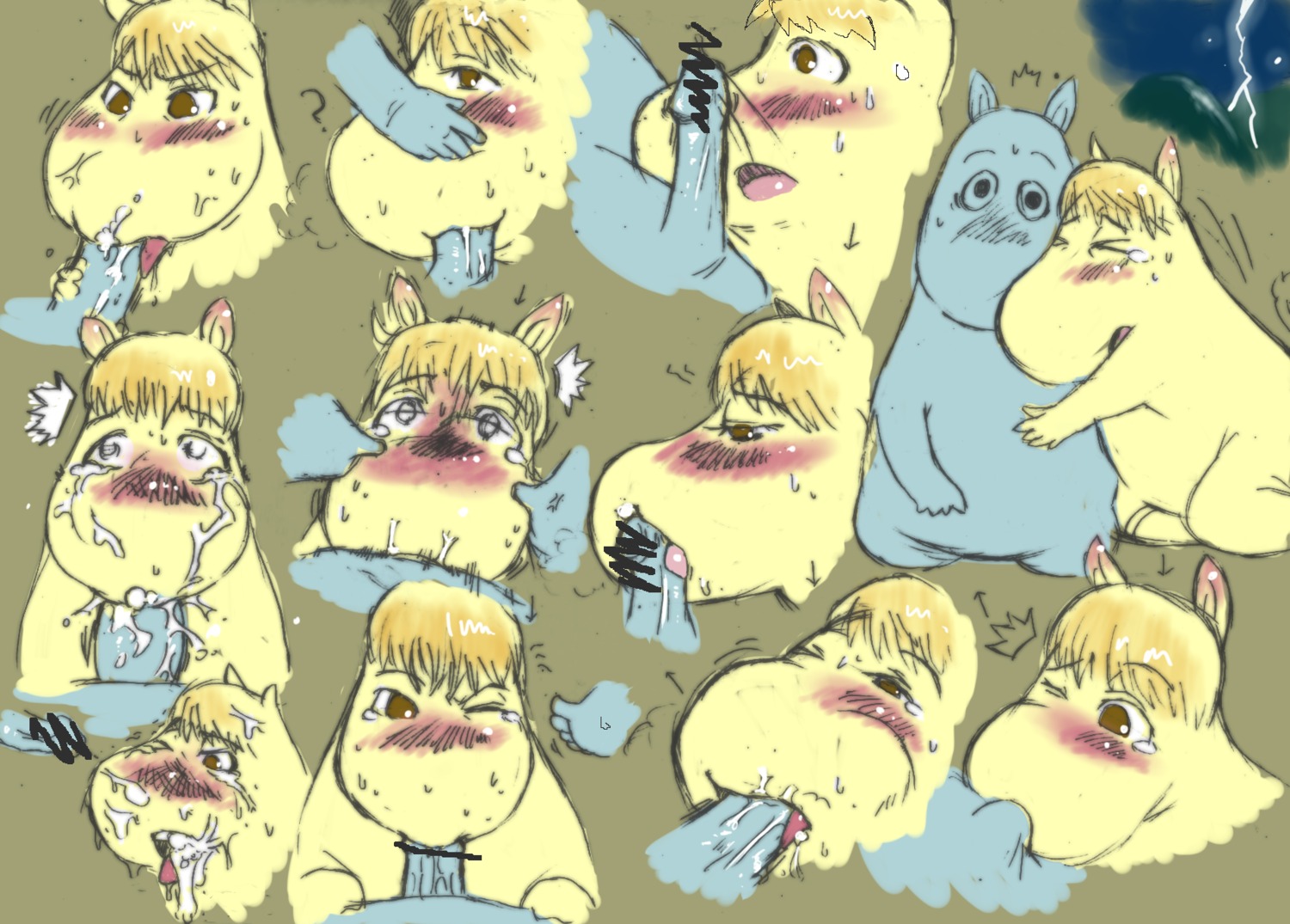 blush bodily_fluids cheek_bulge cum cum_in_mouth cum_inside cum_on_face duo e621 erection fellatio genital_fluids genitals hi_res licking male michi_maru moomin moomintroll oral oral_penetration penetration penile penis penis_lick sex snork_(moomin) snorkmaiden the_moomins tongue tongue_out