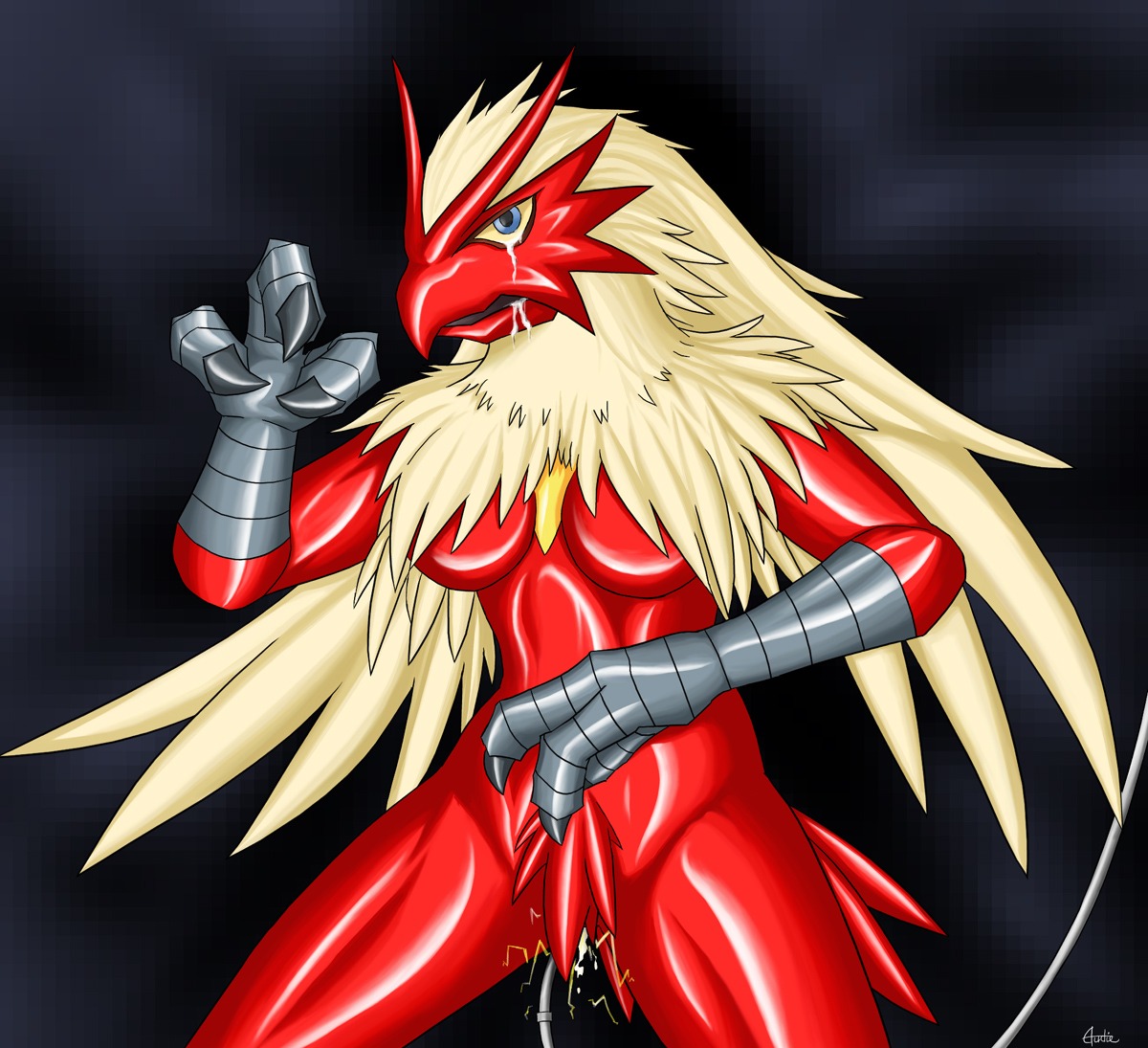 anthro audie-gryph avian blaziken blue_eyes breasts claws color electricity electrostimulation female female_only front_view furry nintendo nude pokemon pokemon_(species) pokemon_rse rule34 solo tagme tear yellow_eyes