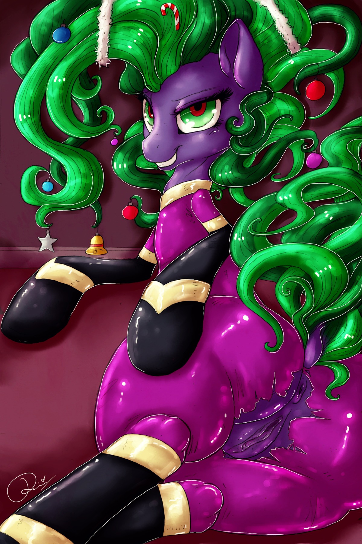 2014 absurd_res anus bodysuit butt candy candy_cane christmas clothed clothing dessert dimwitdog e621 earth_pony equid equine female feral food friendship_is_magic fur genitals green_eyes green_hair hair hasbro hi_res holidays horse mammal mane-iac_(mlp) my_little_pony ornament pony power_ponies_(mlp) presenting purple_body purple_fur skinsuit smile solo tight_clothing vulva