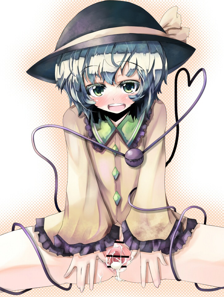 after_sex censored cum cum_inside female green_eyes hat heart heart_of_string koishi_komeiji pussy rule34 shiny shiny_hair short_hair spread_legs spread_pussy tora touhou