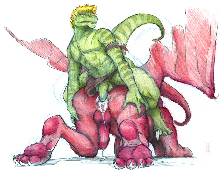 anal anthro balls barefoot bodily_fluids bottomwear clothing cum dinosaur dragon dromaeosaurid duo e621 erection feet floru fydbac genital_fluids genitals green_body green_scales ironclaw_(character) loincloth male male/male male_penetrated male_penetrating male_penetrating_male membrane_(anatomy) membranous_wings mythological_creature mythological_scalie mythology penetration penis prehistoric_species red_body red_scales reptile saurischian scales scalie sex simple_background tail theropod velociraptor white_background wings