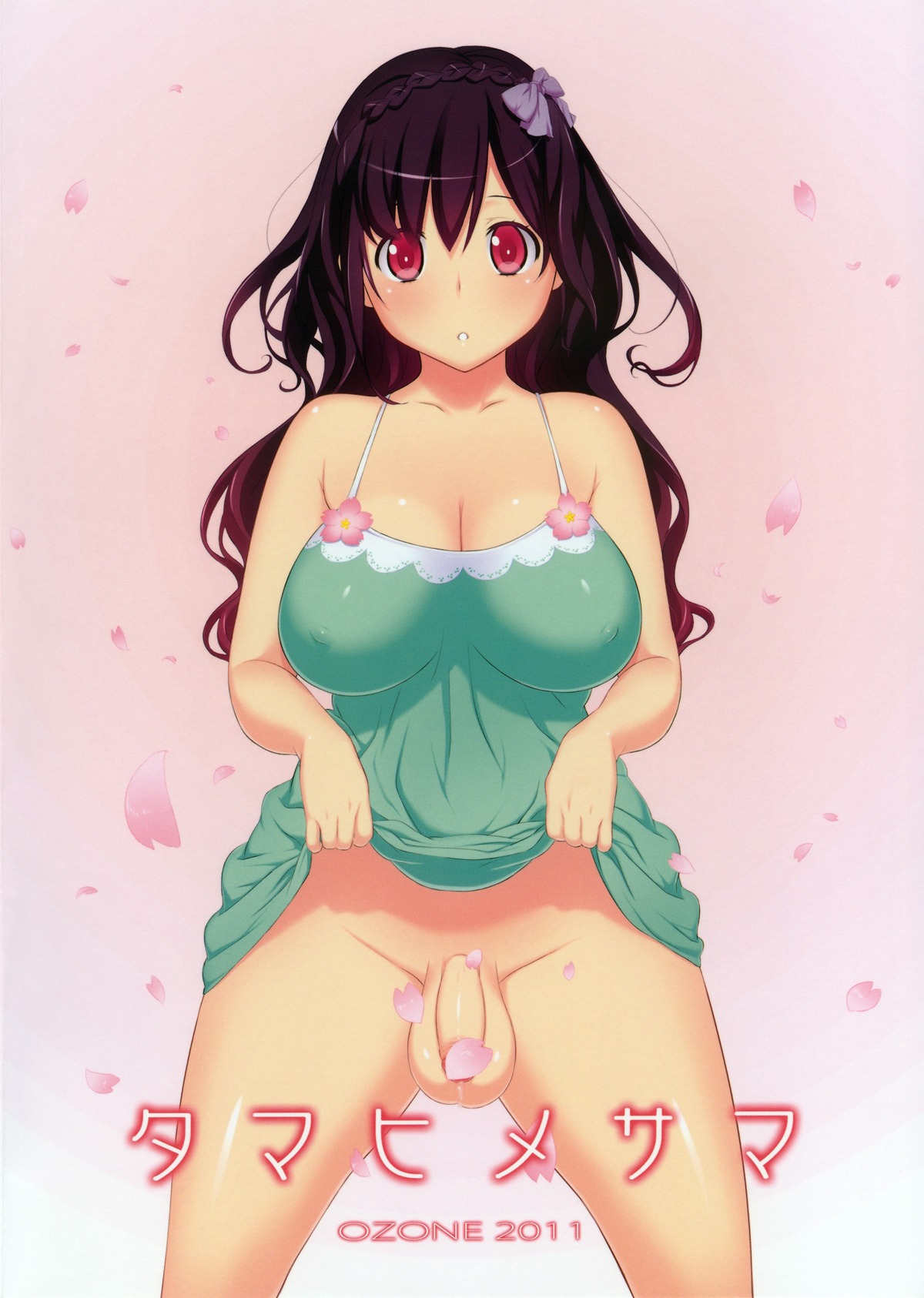 1futa balls balls_bigger_than_penis bare_shoulders blush bow braid breasts cleavage copyright_request dress dress_lift erect_nipples flaccid futa_only futanari hairbow high_resolution intersex large_breasts long_hair looking_at_viewer nipples no_panties parted_lips penis petals pink_eyes purple_hair rule34 solo solo_futa testicles uno_makoto