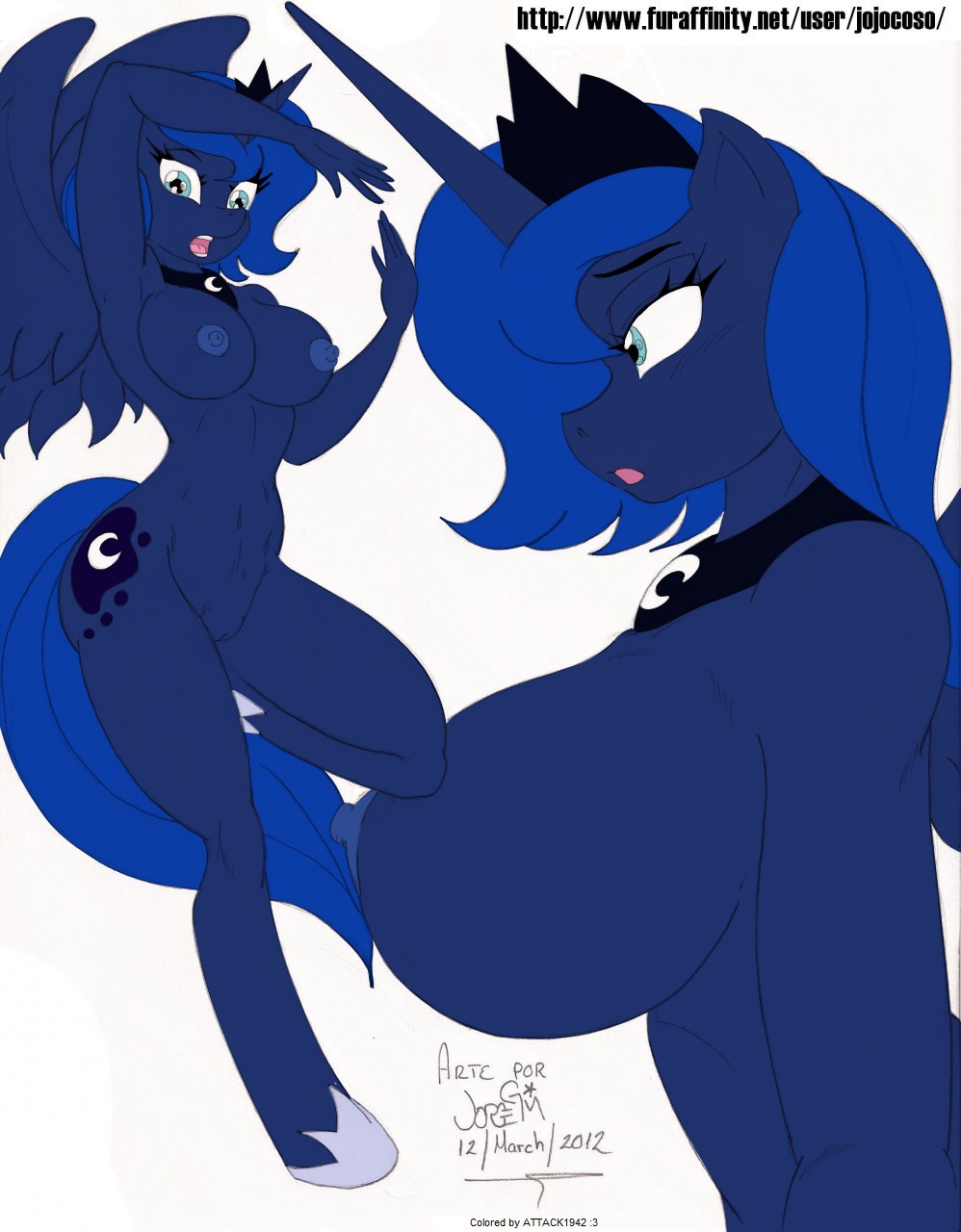 2012 anthro anthrofied big_breasts blue_body blue_eyes blue_feathers blue_hair breasts crown cutie_mark duo e621 equid equine feathered_wings feathers female friendship_is_magic genitals hair hasbro headgear hi_res hooves horn huge_breasts jewelry jojocoso mammal my_little_pony mythological_creature mythological_equine mythology navel necklace nipples nude princess princess_luna_(mlp) royalty side_boob slim tail text tiara url vulva winged_unicorn wings