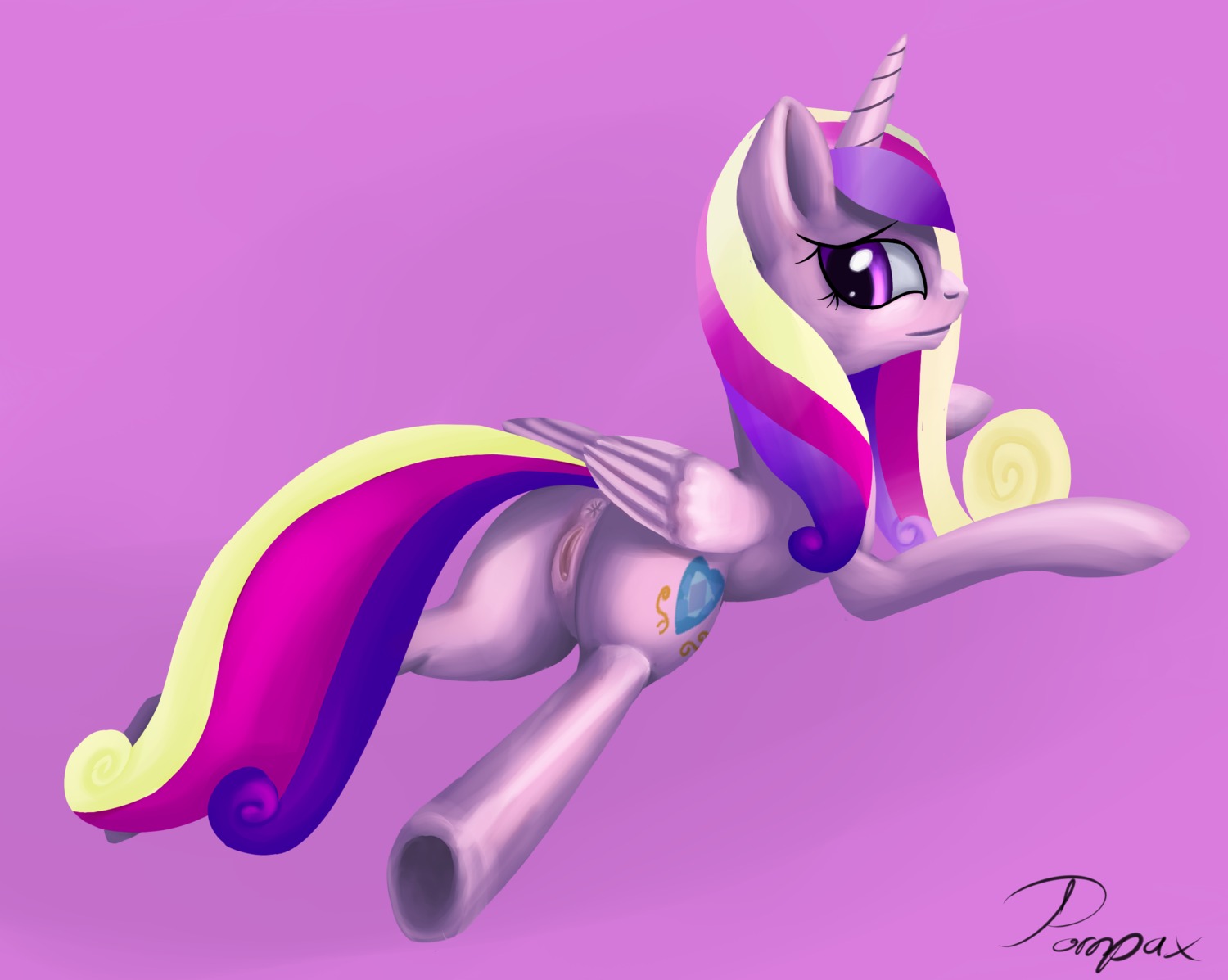 2013 anus cutie_mark e621 equid equine feathered_wings feathers female feral friendship_is_magic fur genitals hair hasbro hi_res horn lying mammal multicolored_hair my_little_pony mythological_creature mythological_equine mythology on_front pink_background pink_body pink_feathers pink_fur pornpax princess_cadance_(mlp) purple_eyes simple_background solo vulva winged_unicorn wings
