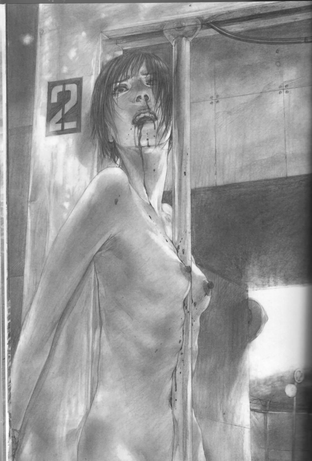 1girls blood breasts female gore guro highres hiroaki_samura lipstick monochrome navel nipples nosebleed nude open_mouth ouch pain pencil realistic ribs rule34 scan short_hair solo solo_female torture