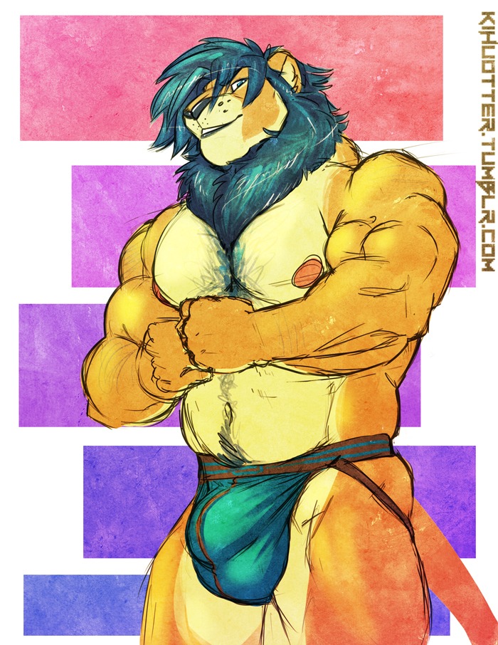 2014 anthro biceps big_muscles blue_hair blue_mane blue_pubes bulge clothed clothing detailed_bulge e621 felid flexing genital_outline hair jockstrap kihu lion male mammal mane musclegut muscular muscular_anthro muscular_male nipples pantherine pecs penis_outline pubes slightly_chubby solo tendaji_(zalluth) topless underwear