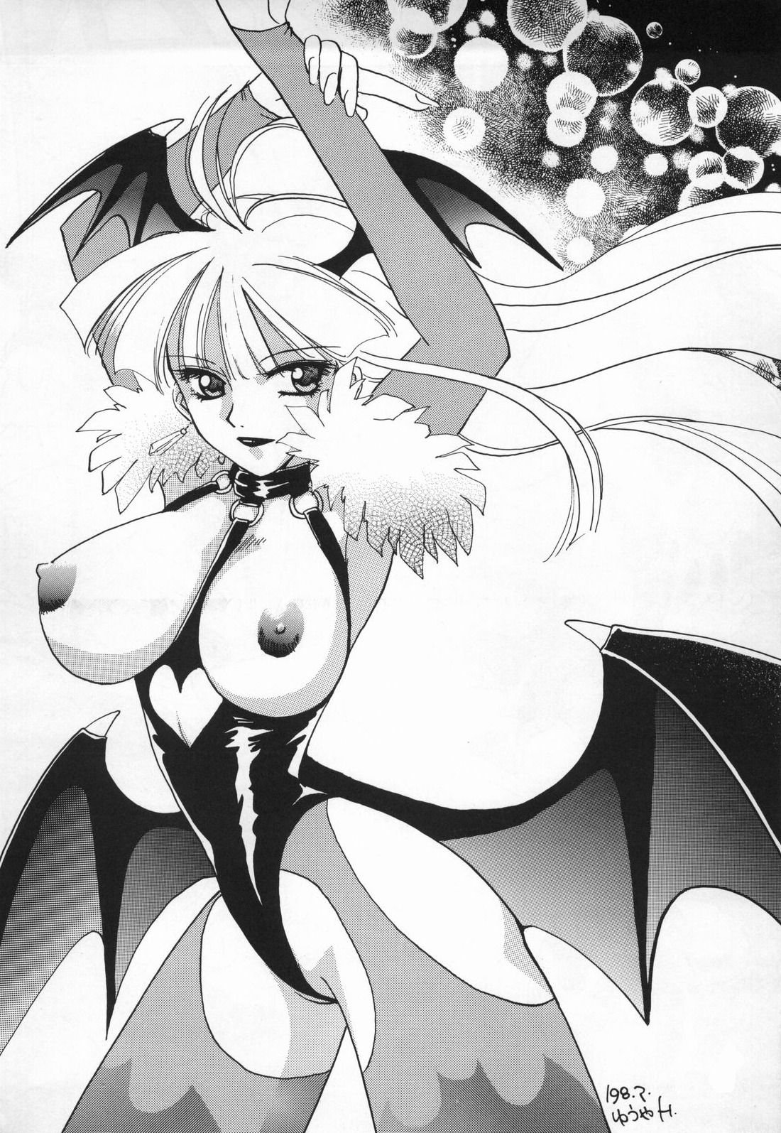 1998 1girls black_and_white breasts capcom clothing darkstalkers female hirono_yuuya medium_breasts morrigan_aensland rule34 stockings tagme