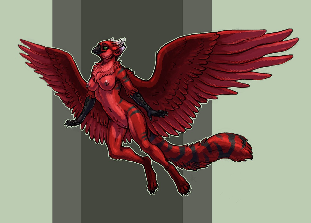 2014 acidapluvia anthro avian beak bird breasts clitoris e621 feathered_wings feathers female flying genitals nipple_piercing nipples non-mammal_breasts non-mammal_nipples nude piercing red_body red_feathers serandite solo tail vulva wings