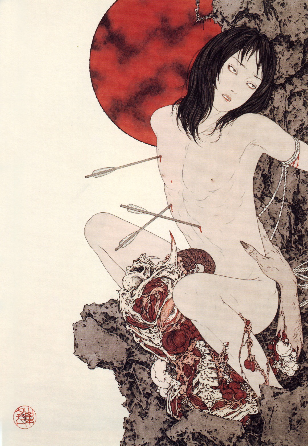 1boy black_hair femboy fine_art gore guro highres male male_only pale_skin rule34 saint_sebastian solo straight_hair yamamoto_takato