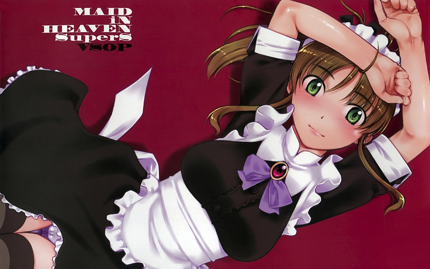 apron breasts brown_hair female green_eyes highres maid panties rule34 underwear wallpaper