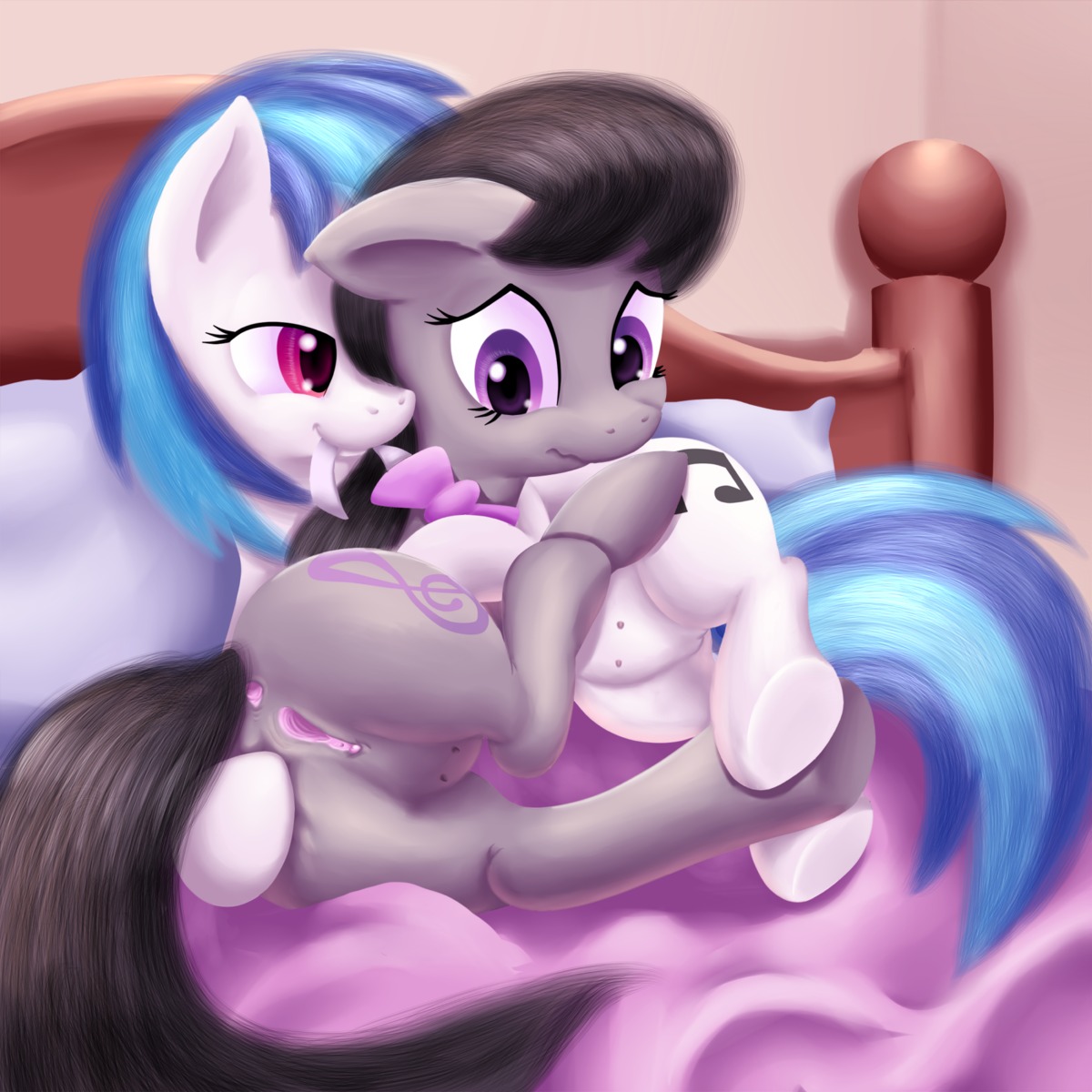 1:1 anus bed black_hair blue_hair bow_(feature) bow_tie butt cutie_mark duo e621 earth_pony equid equine female female/female feral friendship_is_magic fur furniture genitals grey_body grey_fur hair hasbro hi_res horse mammal my_little_pony nipples octavia_(mlp) php87 pink_eyes pony purple_eyes tail teats vinyl_scratch_(mlp) vulva white_body white_fur
