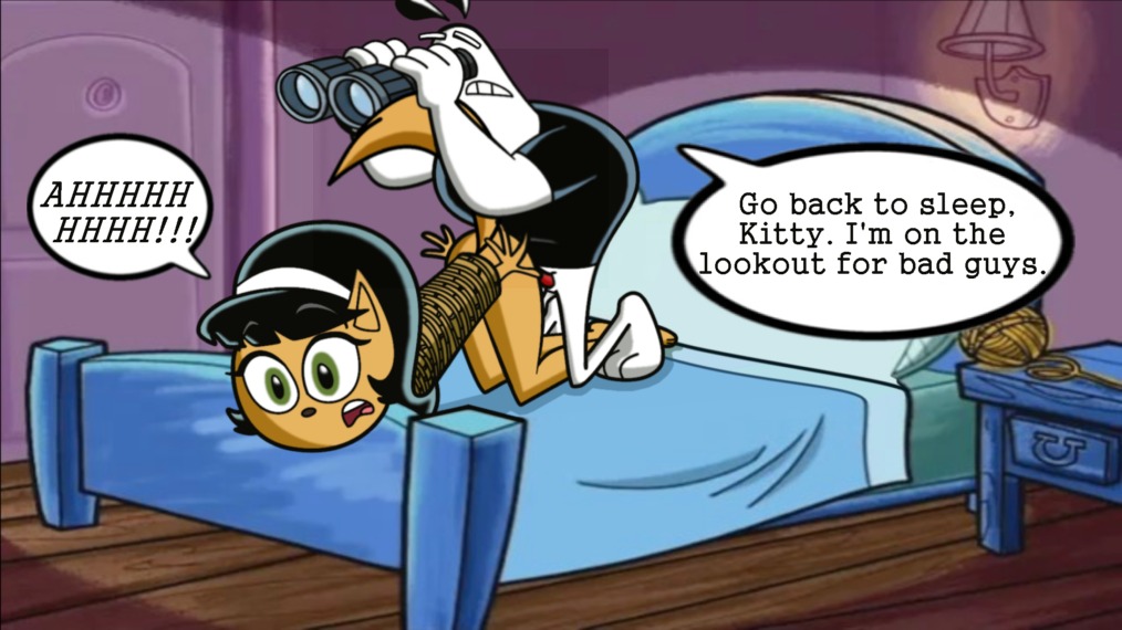 2d-generate anthro bed bedroom bondage canid canine canis dialogue domestic_cat domestic_dog dudley_puppy felid feline felis female furry kitty_katswell nickelodeon pillow restrained rope_bondage rule34 t-shirt t.u.f.f._puppy tagme tail