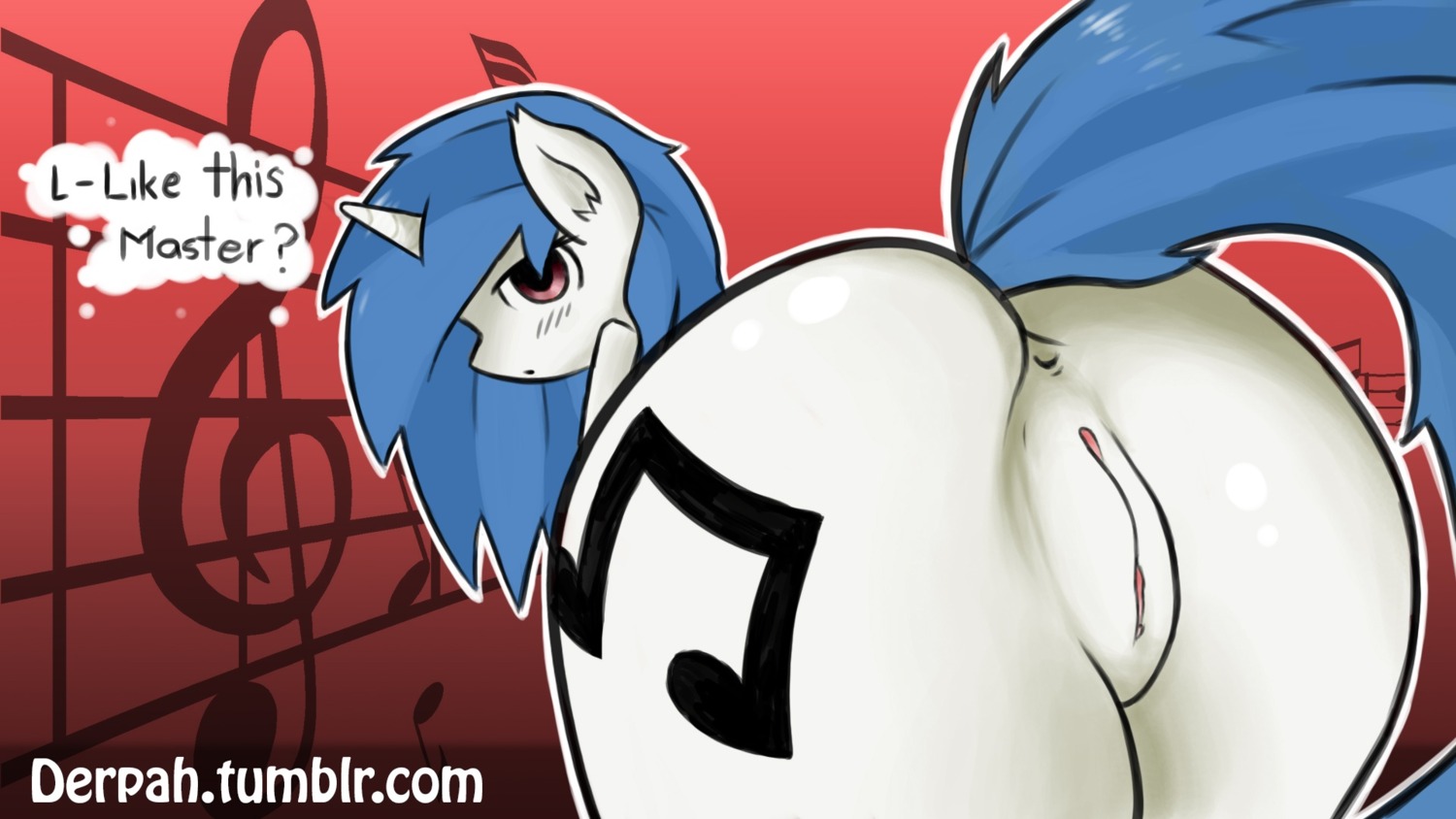 16:9 2013 anus big_butt blue_hair blush butt clitoris cutie_mark digital_media_(artwork) e621 english_text equid equine female feral friendship_is_magic fur genitals hair hasbro hi_res horn looking_back mammal marblesoda master my_little_pony mythological_creature mythological_equine mythology plump_labia presenting presenting_hindquarters purple_eyes question_mark raised_tail solo tail text unicorn url vinyl_scratch_(mlp) vulva white_body white_fur widescreen