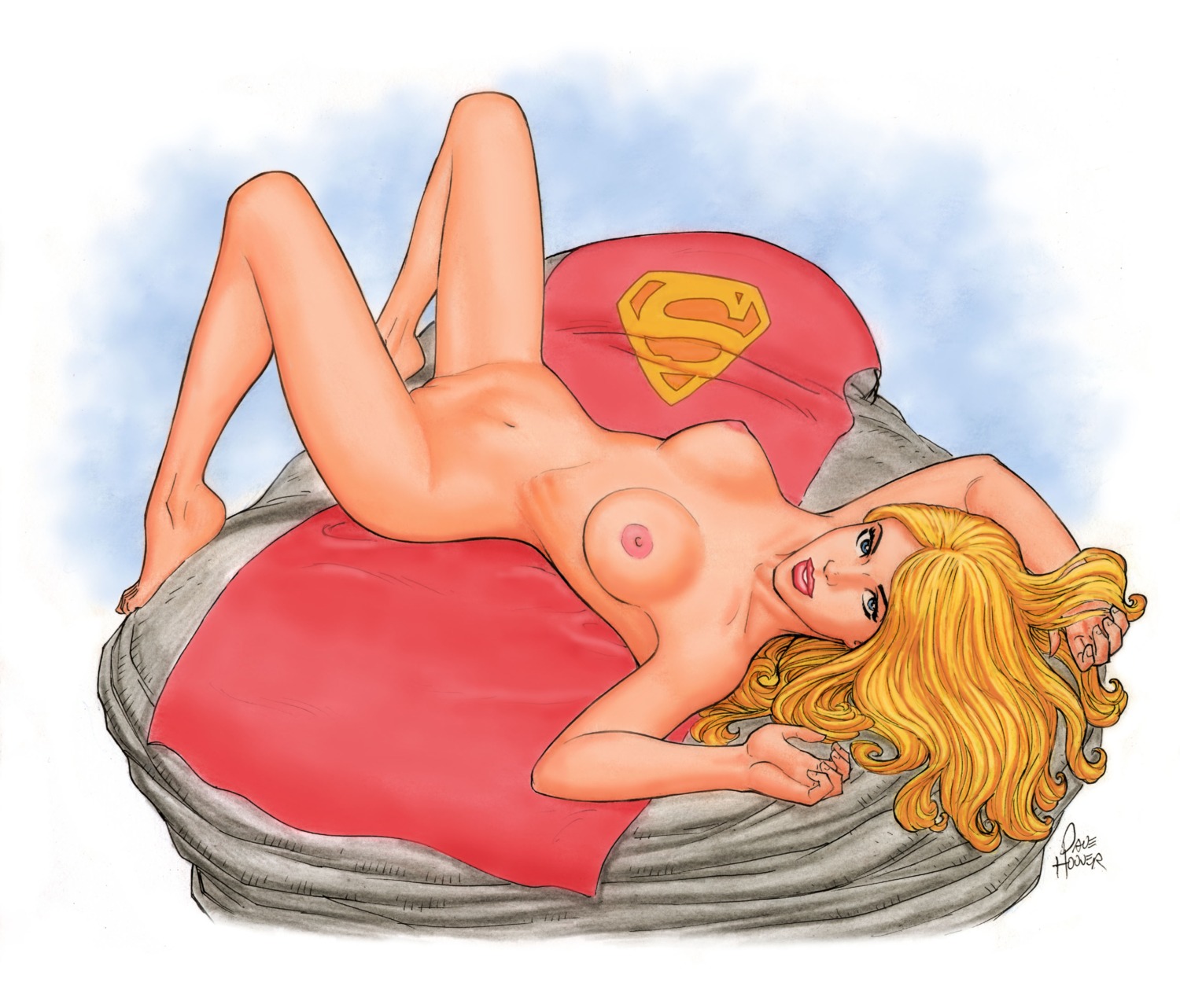 arms_up barefoot blonde_hair blue_eyes breasts dave_hoover dc dc_comics female long_hair looking_at_viewer navel nipples nude rule34 signature solo supergirl superman_(series) tagme text
