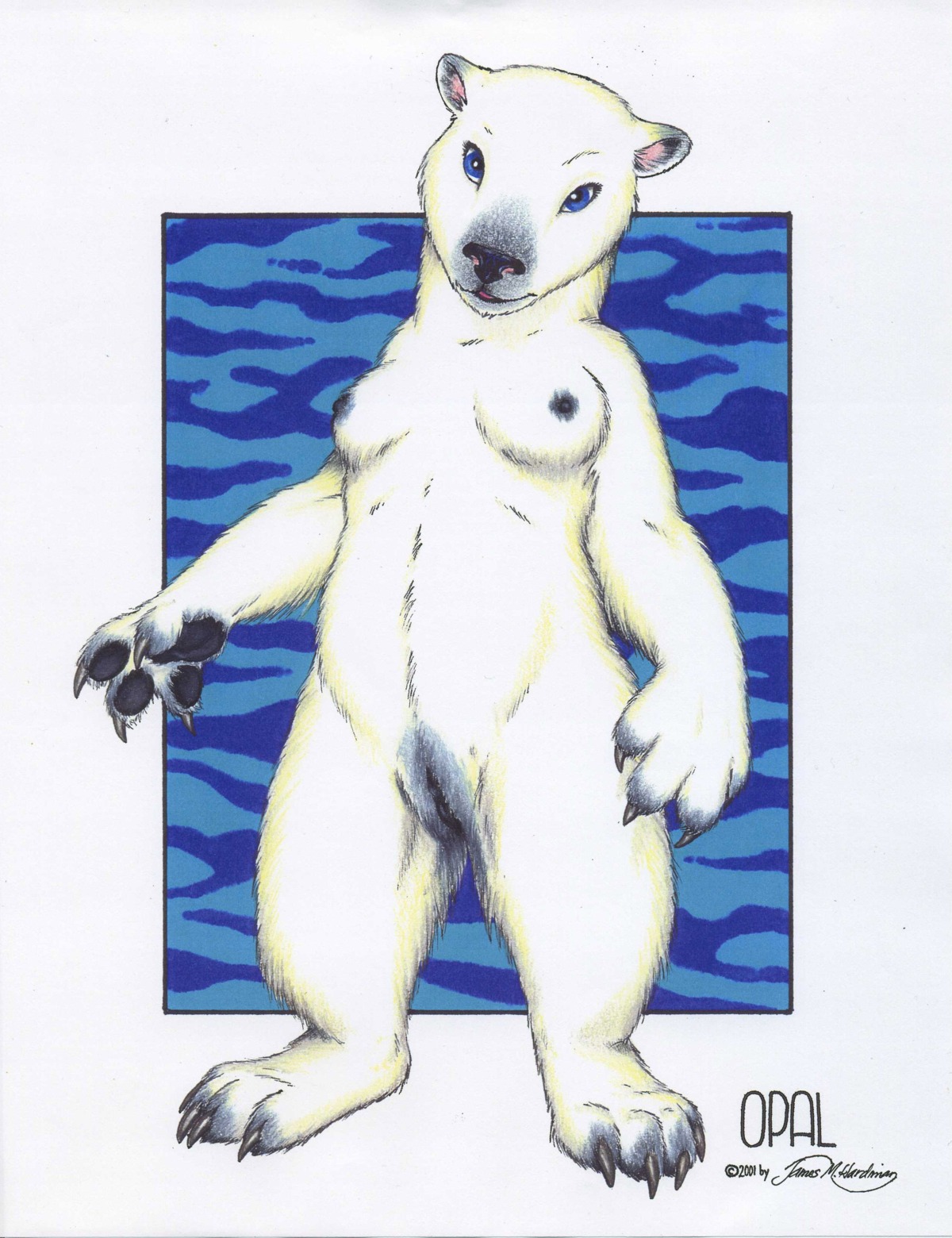 2001 4_toes absurd_res anthro bear biped black_nipples black_pawpads black_vulva blue_eyes breasts claws e621 feet female fur genitals hi_res james_m_hardiman looking_at_viewer mammal nipples nude opal pawpads polar_bear solo standing toes ursine vulva white_body white_fur
